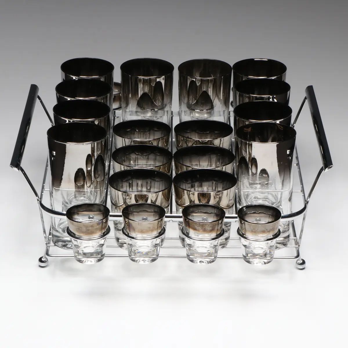 Mid Century Modern Silver Fade to Clear Glass Bar Set