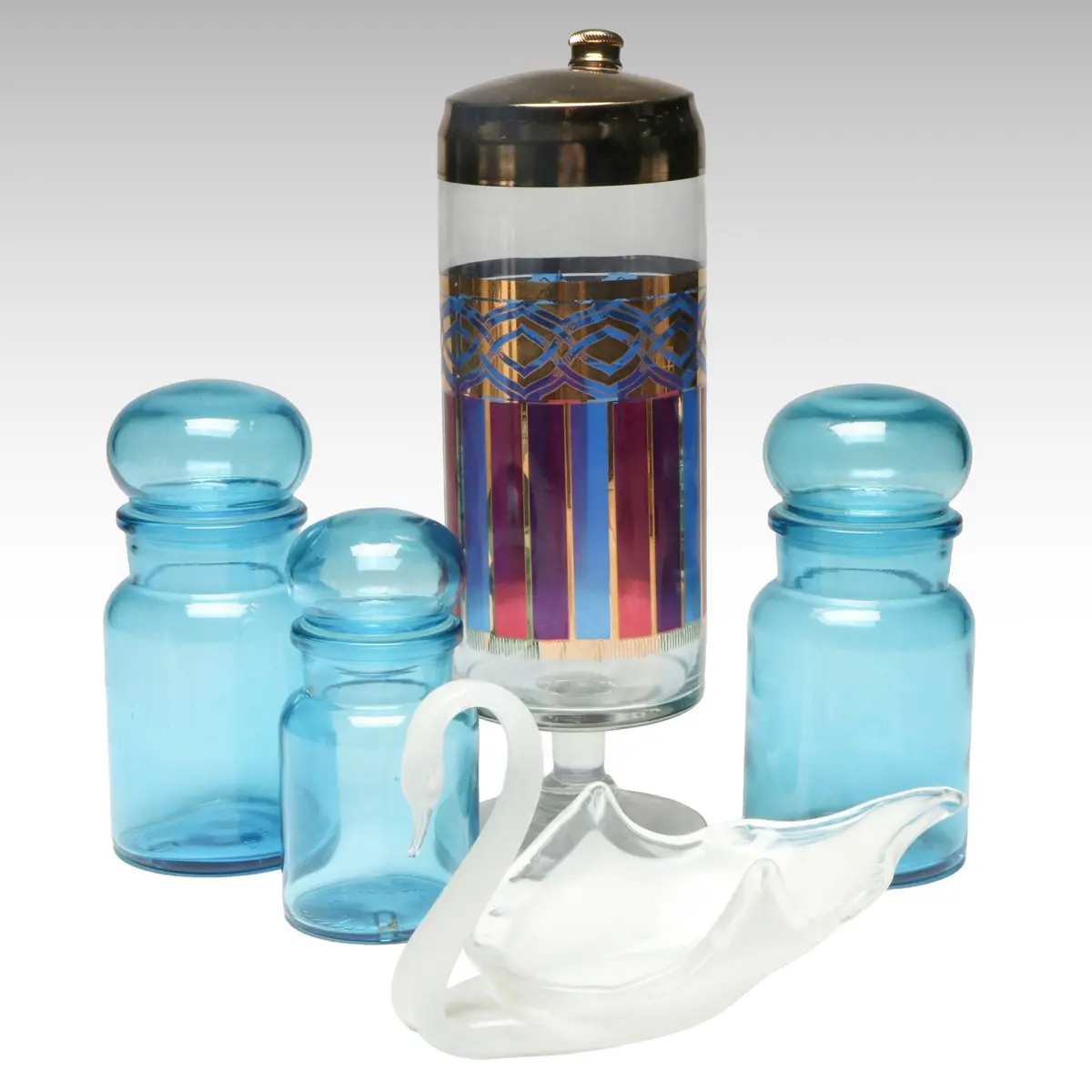 Belgium Blue Glass Apothecary Jars with Footed Cocktail Shaker and Swan Bowl