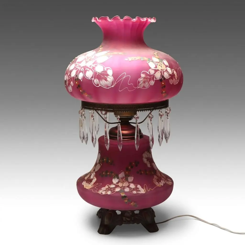 Victorian Style Hand-Painted Cranberry Glass Parlor Lamp, Vintage