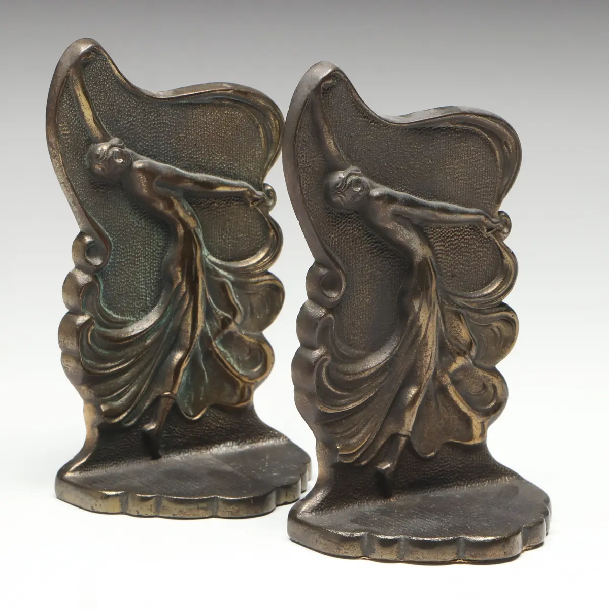Jeanne L. Drucklieb Art Nouveau Patinated Brass Bookends, Vintage