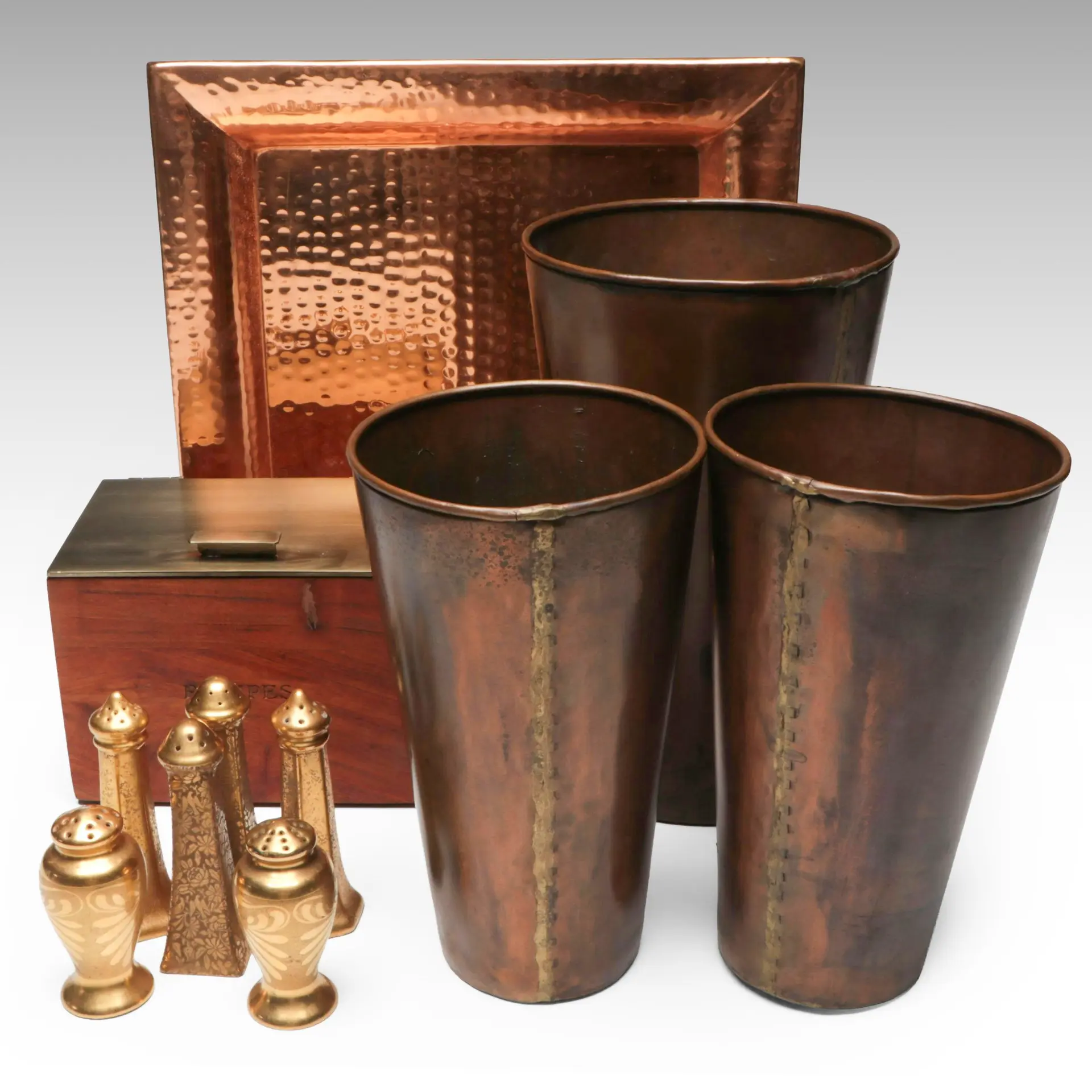 Old Dutch Hammered Copper Tray with Gilt Porcelain Shakers and More Table Décor