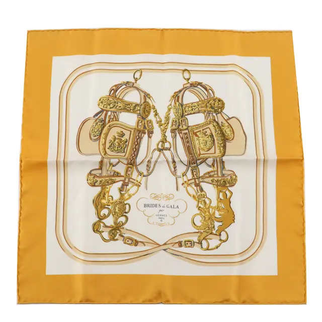 Hermès "Brides de Gala" Scarf 45 in Gold Silk Twill with Box