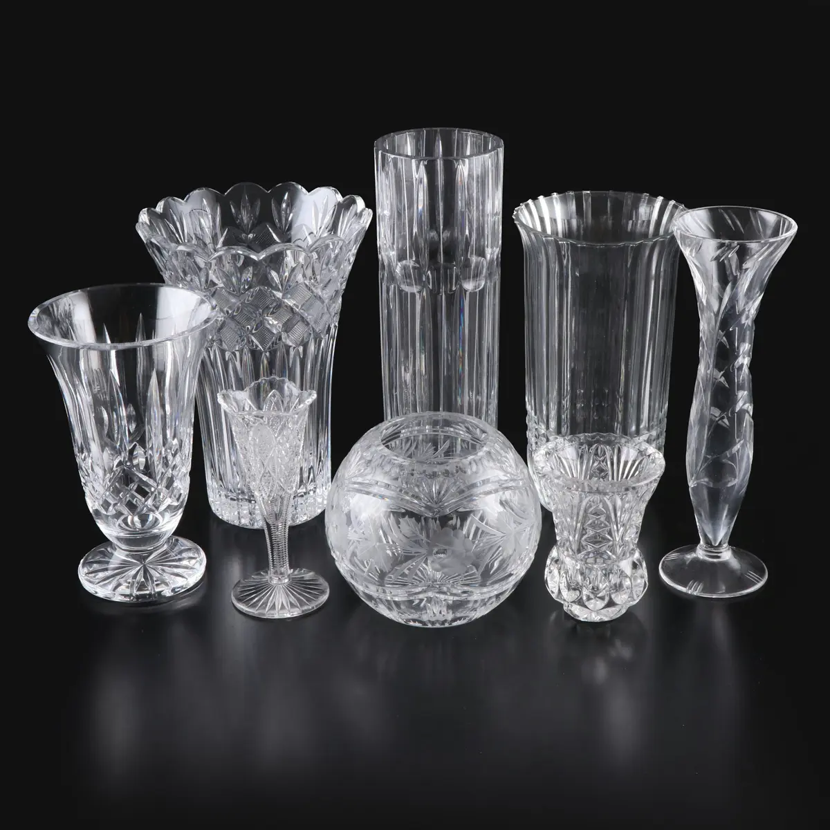 Waterford "Romance of Ireland" and Other Cut Crystal and Glass Vases