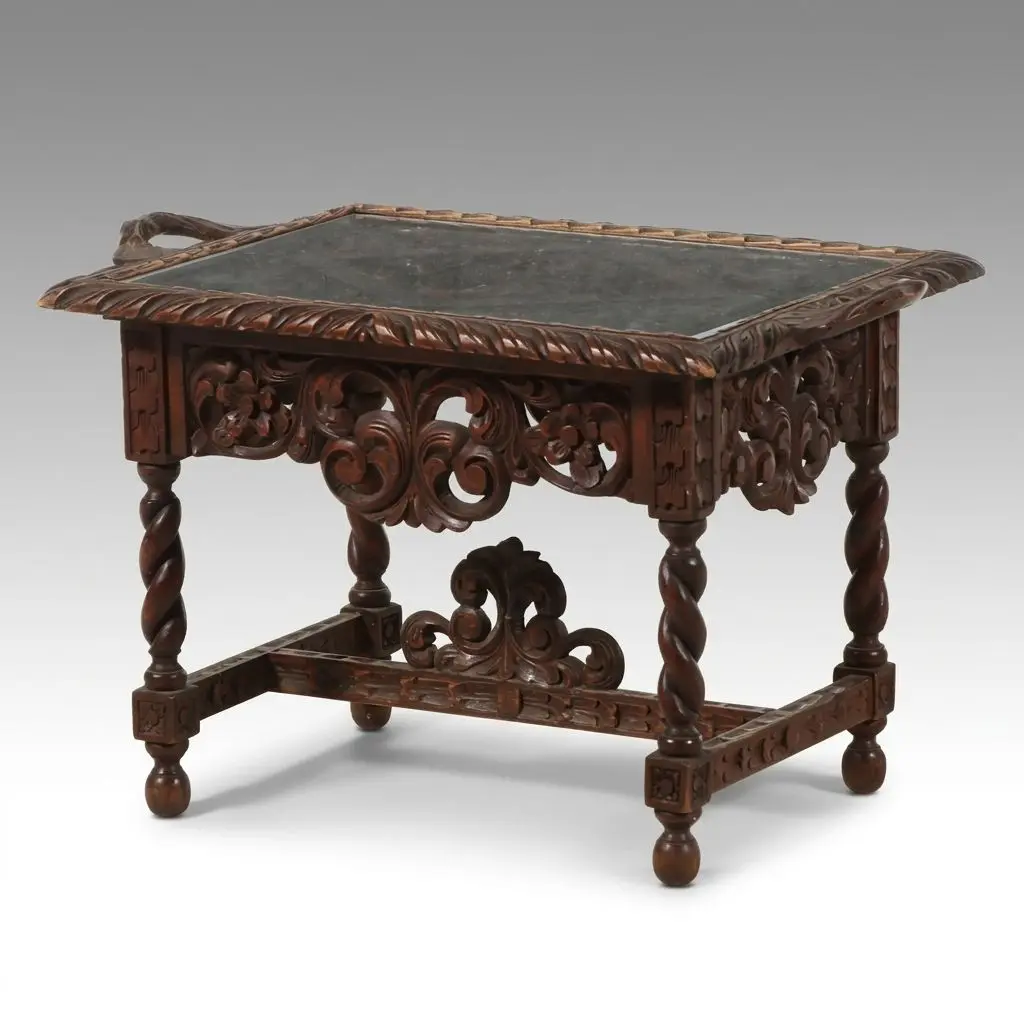 Baroque Style Carved Hardwood Side Table with Beveled Glass Tray Top
