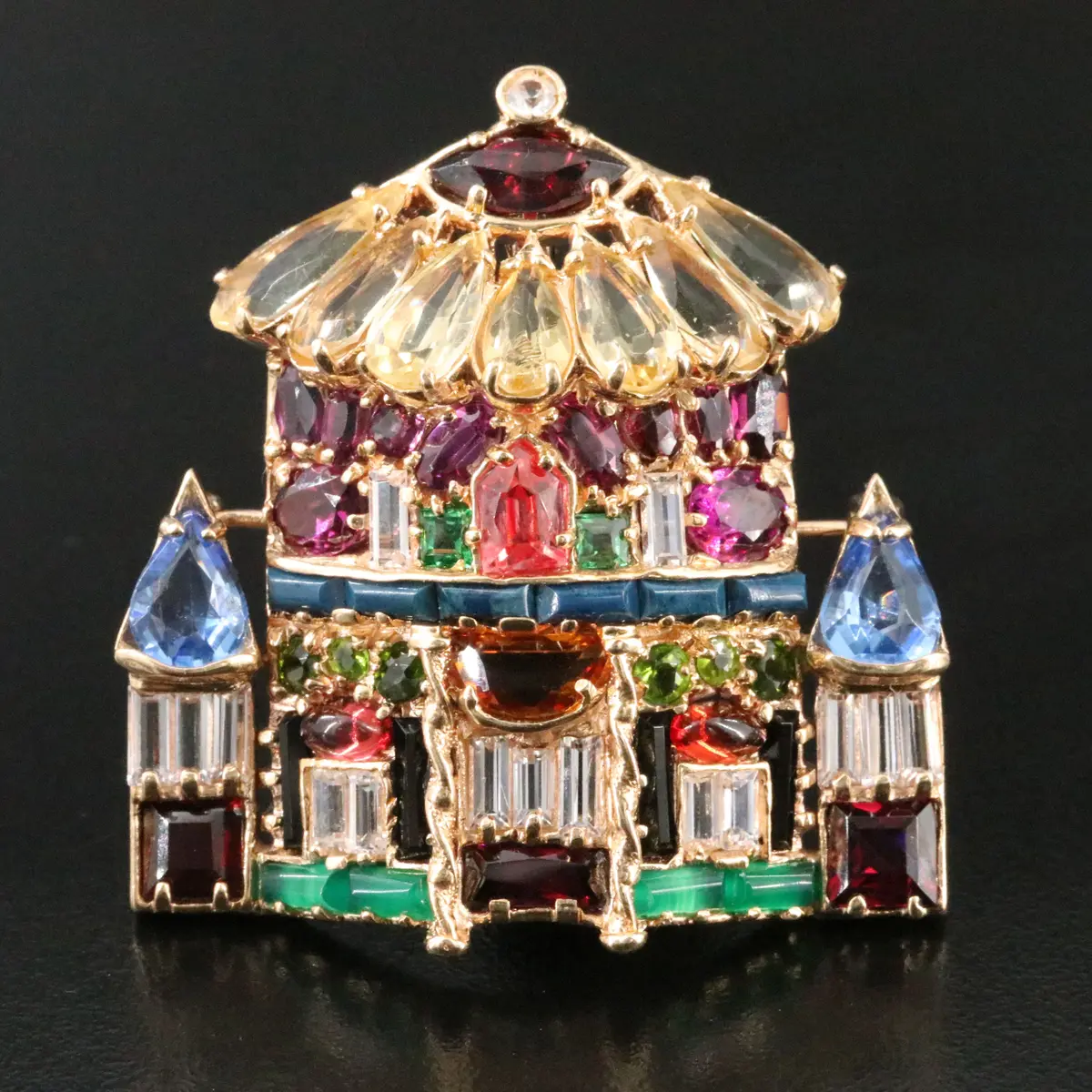 14K Multicolor Gemstone Castle Brooch