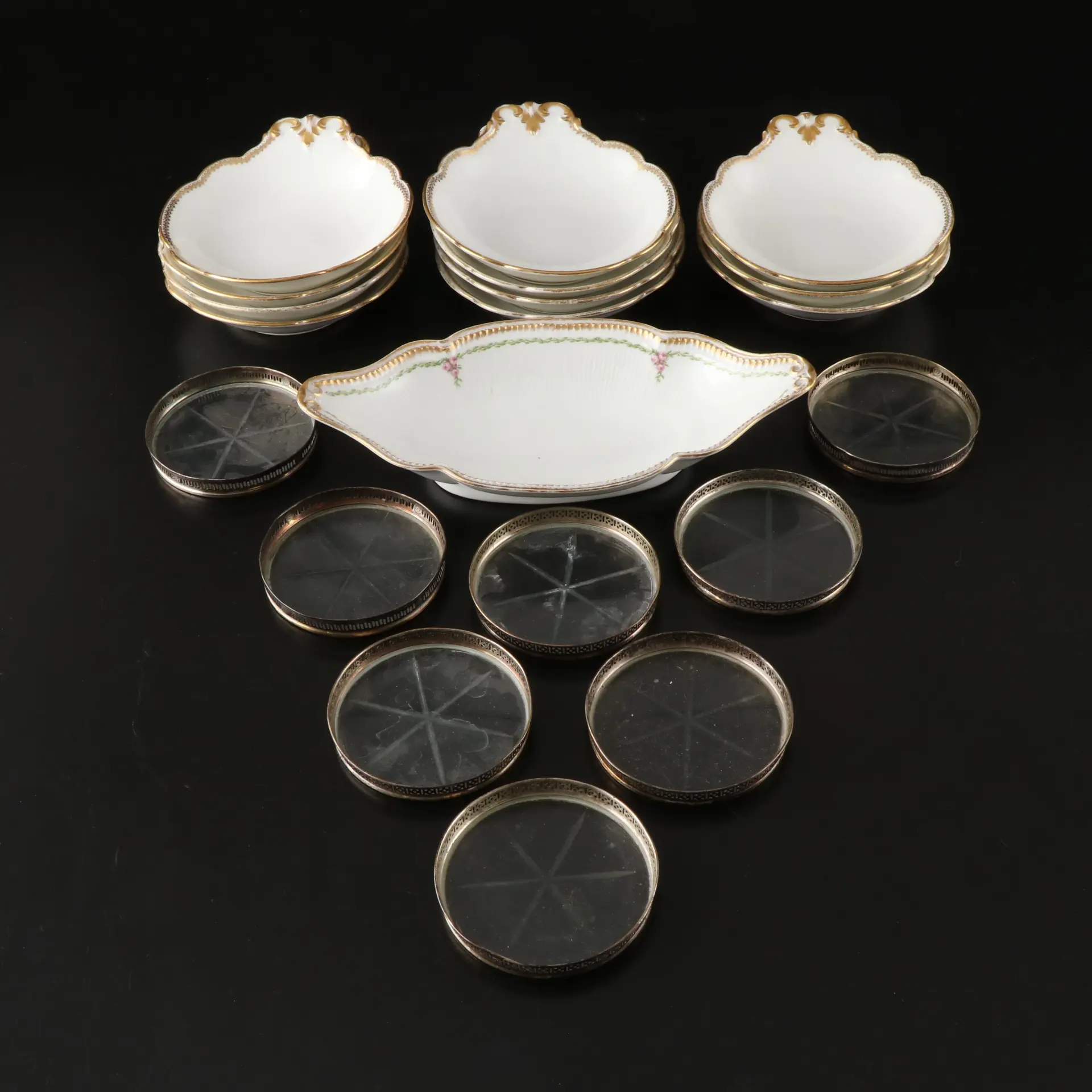 Webster Sterling Rimmed Glass Coasters with Limoges Porcelain Sauce Bowls