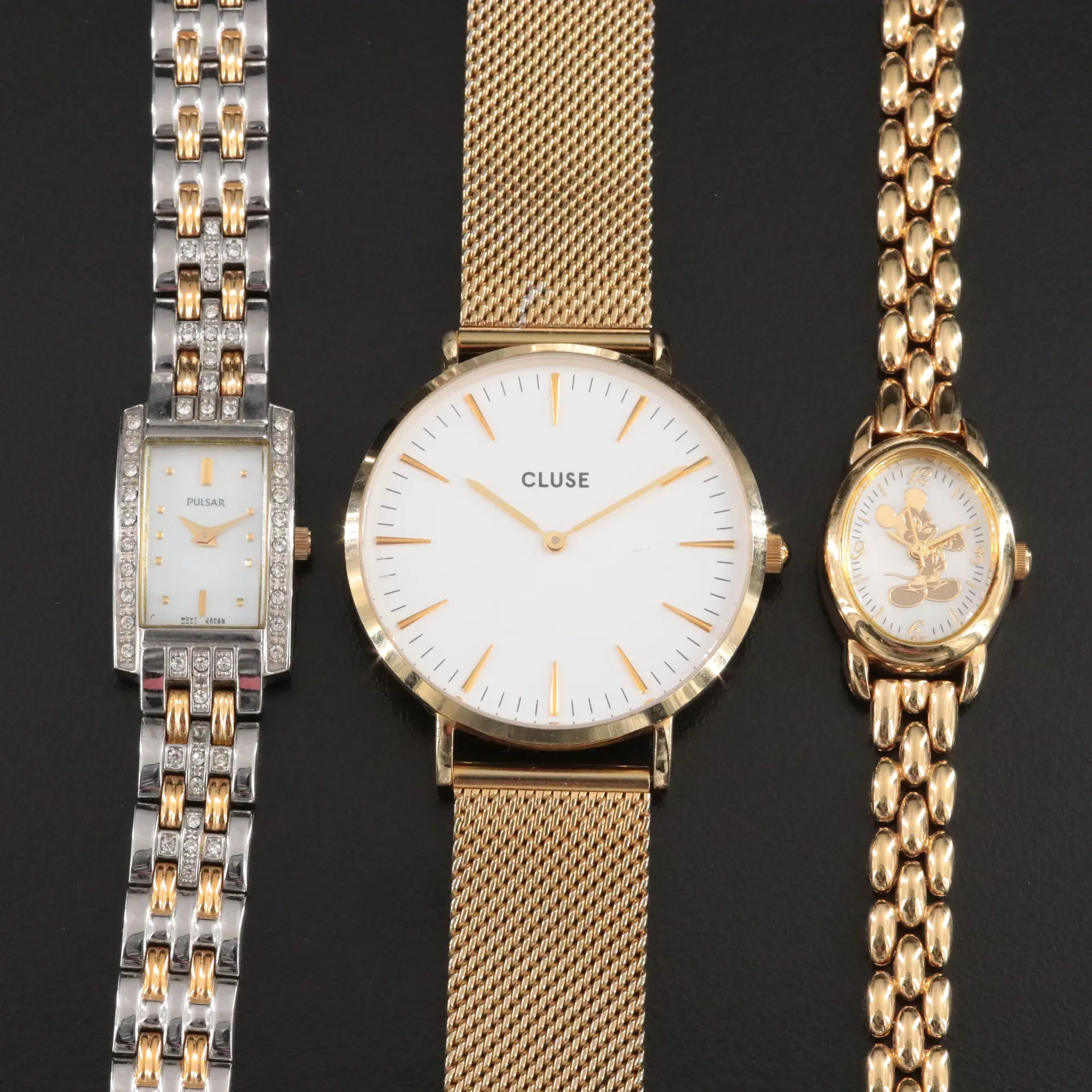 Selection of Gold Tone Mickey Mouse, Pulsar and Cluse Quartz Watches