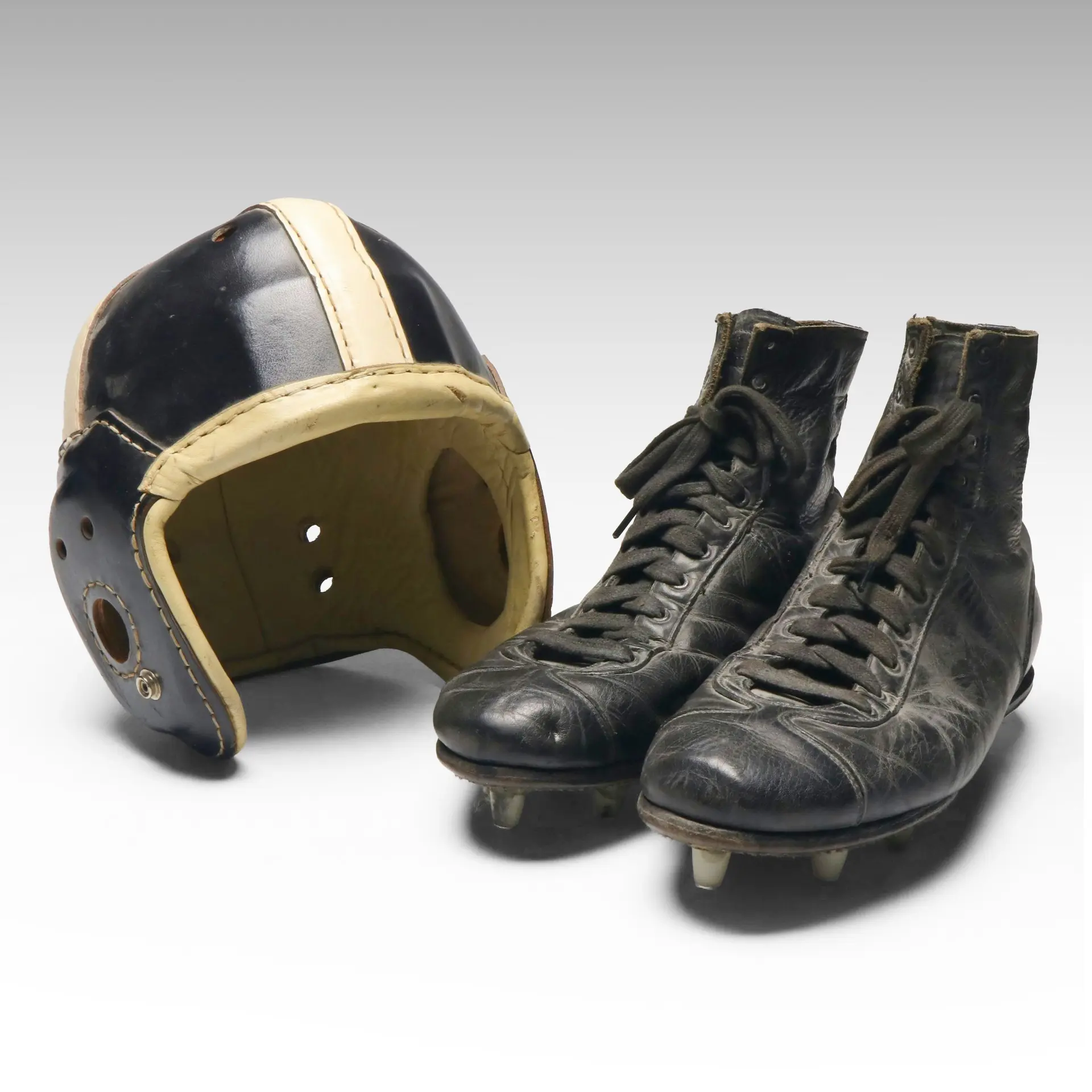 MacGregor Leather Football Helmet with J. B. Athletic Shoe Co. Cleats, Vintage