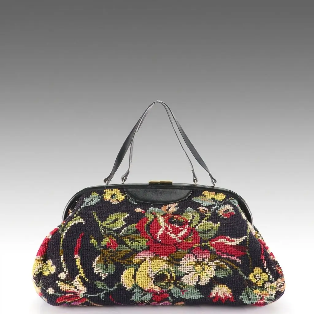 Floral Needlepoint Carpet Bag Style Purse, Vintage