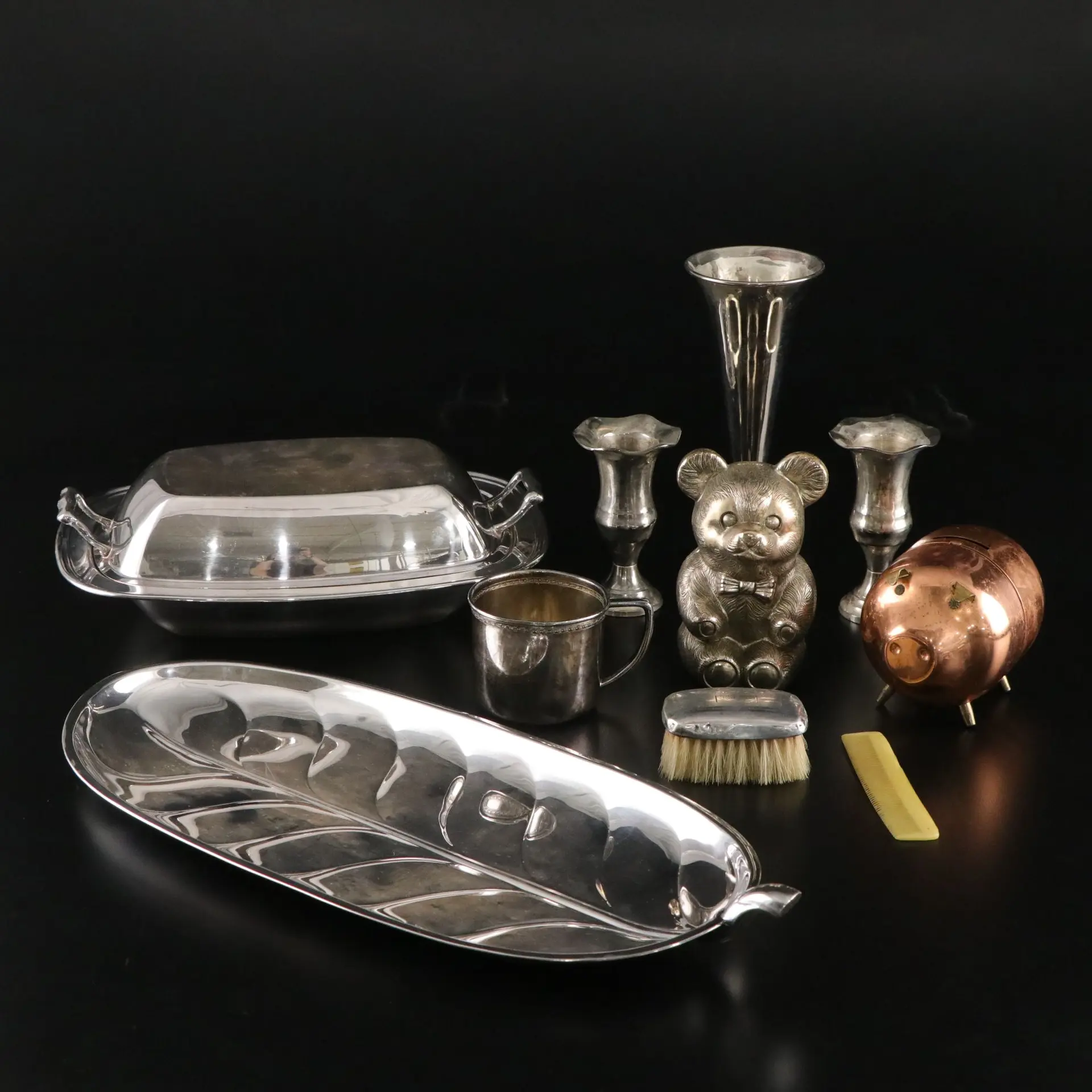 Sterling Silver Bristle Brush with Silver Plate Vase, Cordial Cups, and More