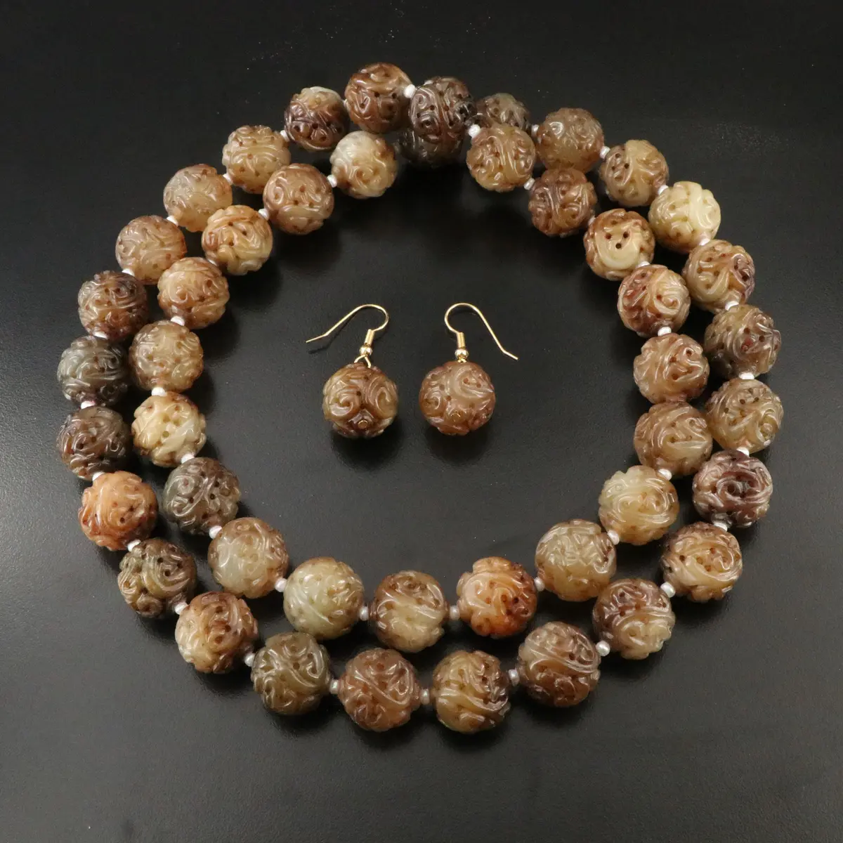 Chinese Serpentine Dragon Ball Necklace and Earrings