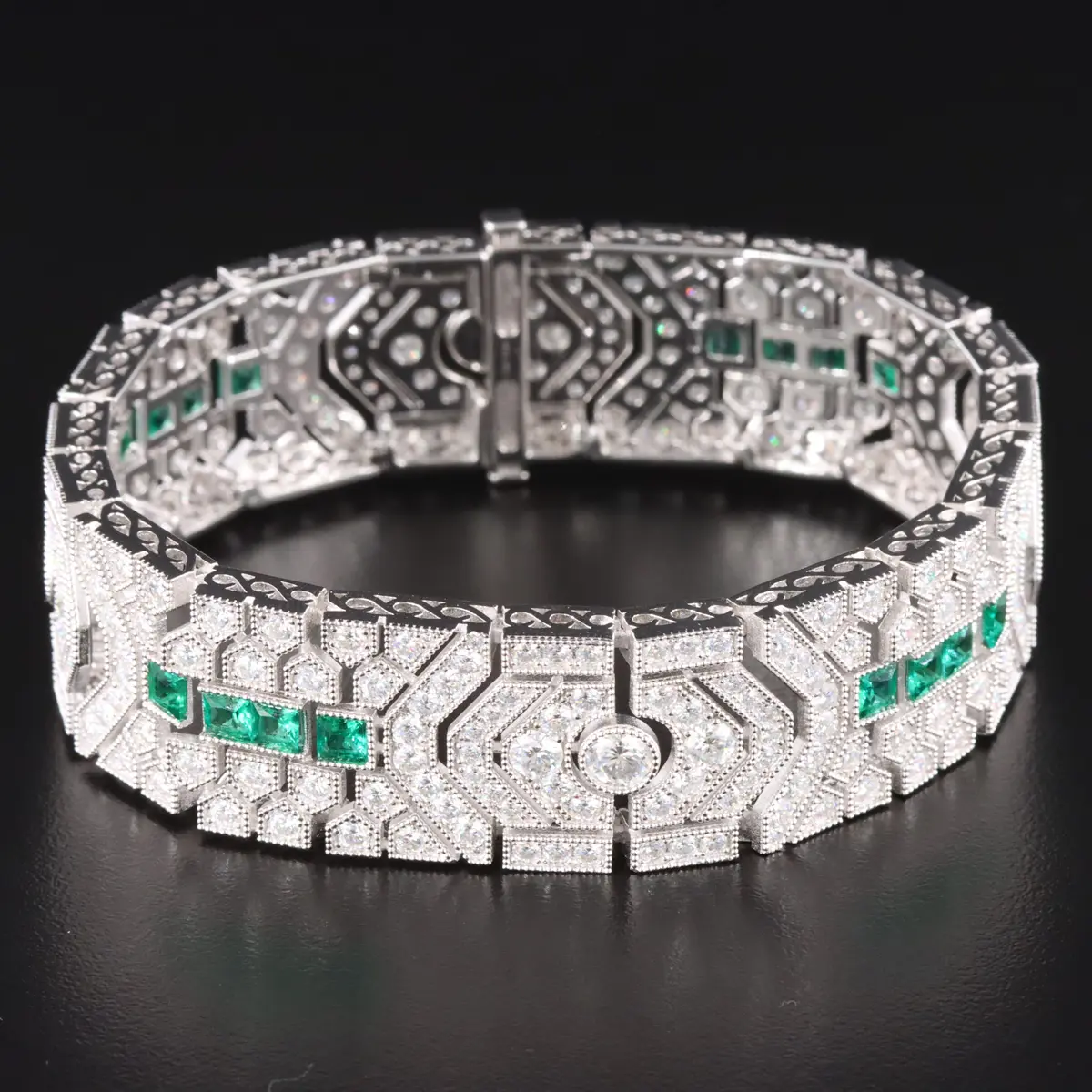 Art Deco Style Sterling Emerald and Moissanite Bracelet