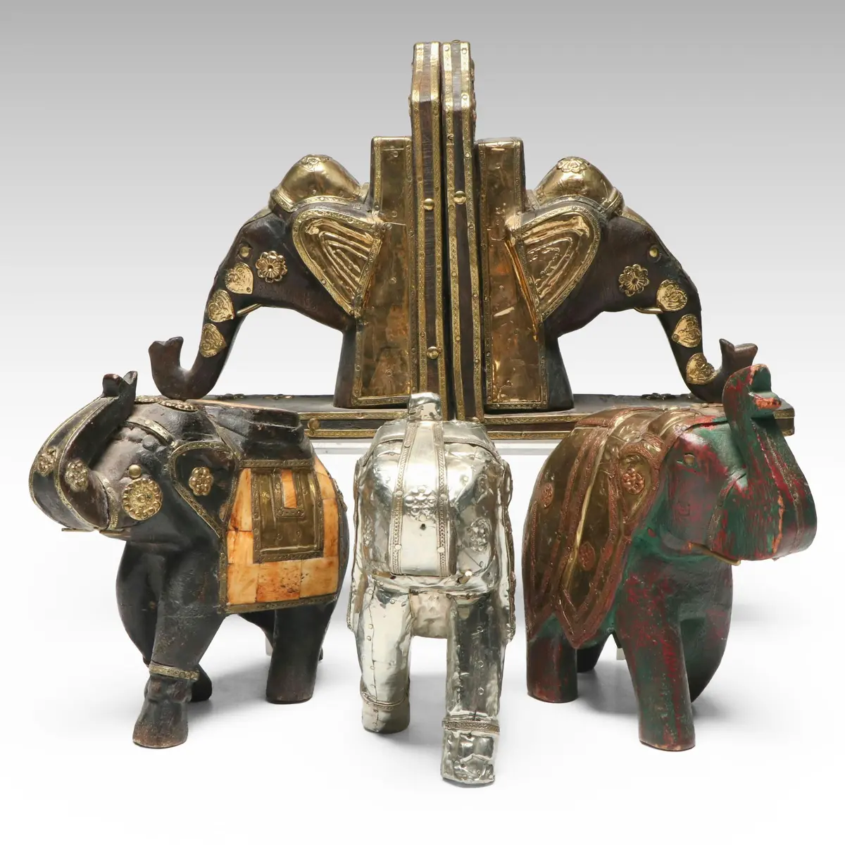 Indian Carved Wood with Brass, Tin and Bone Inlay Elephant Figurines