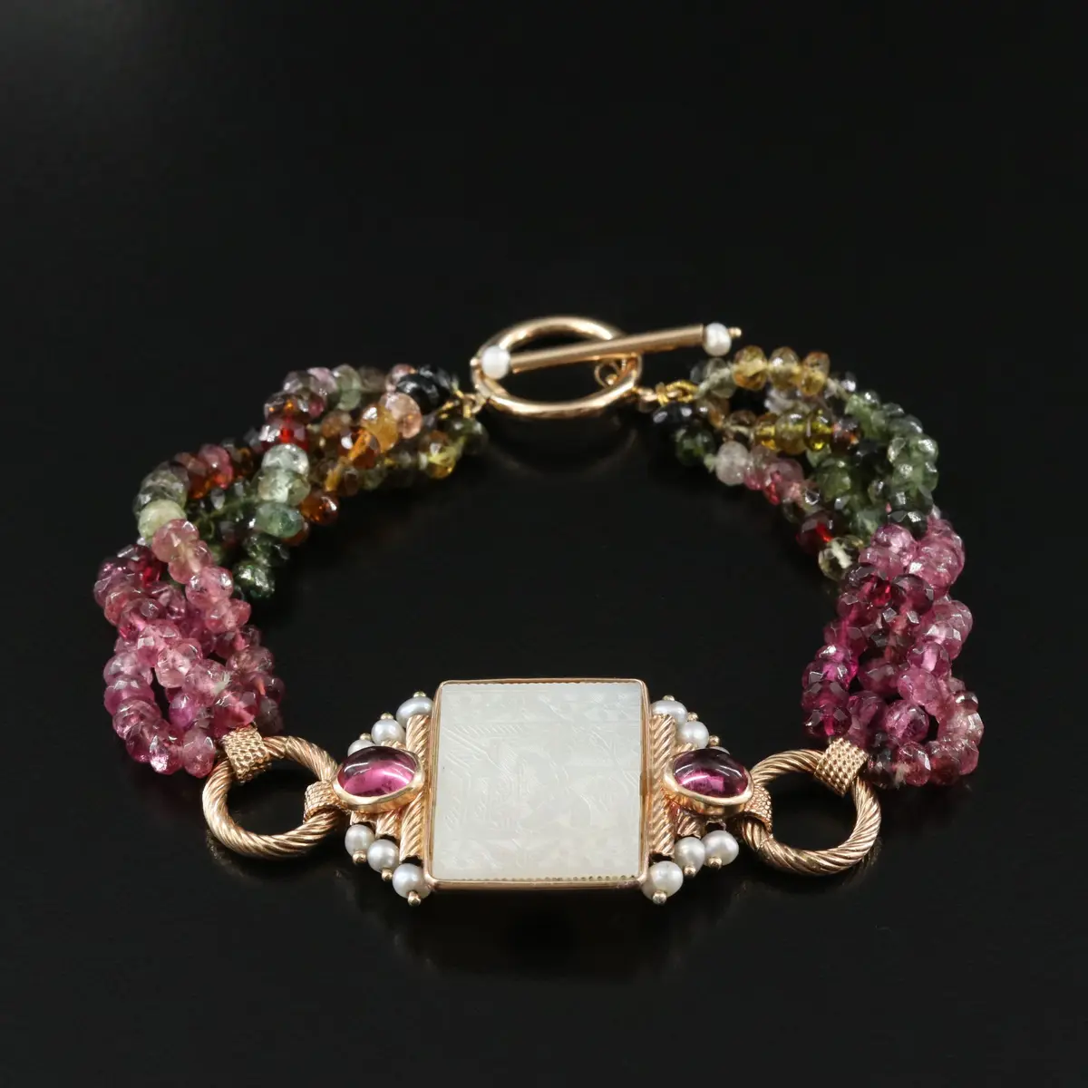 14K Multicolor Tourmaline & Pearl Bracelet with Mother-of-Pearl Gaming Counter