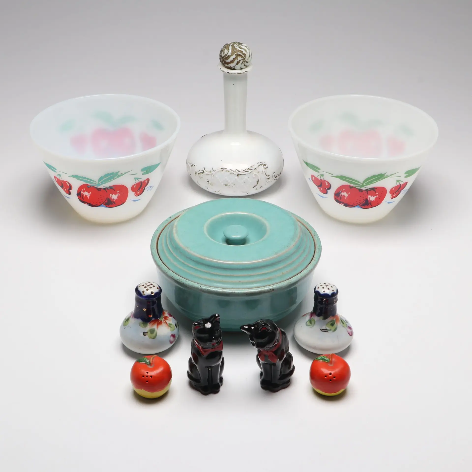 Fire-King "Apples & Cherries" Milk Glass Bowls and More Tableware, Vintage