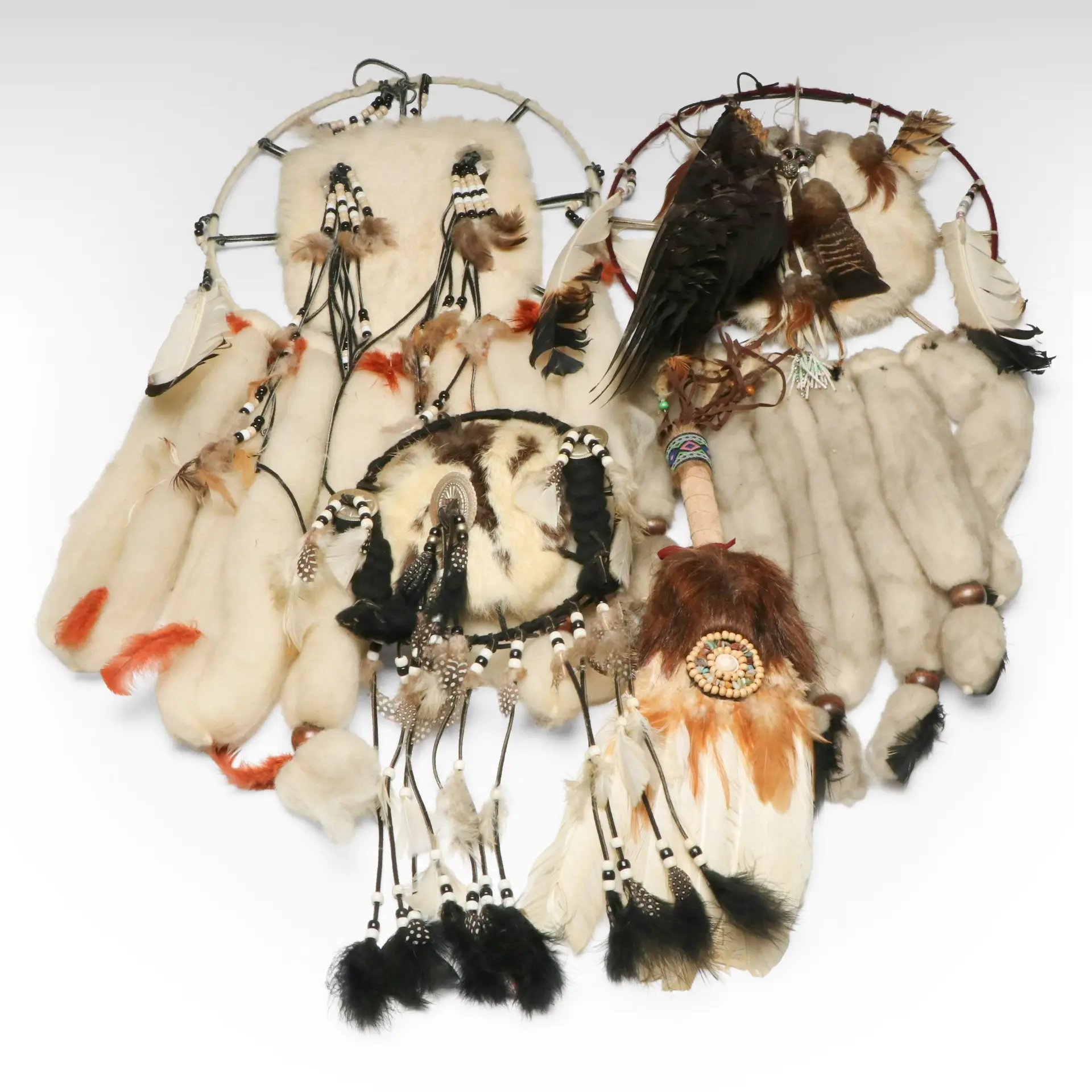 Collection of Native American Style Dreamcatchers with Fur and Feathers