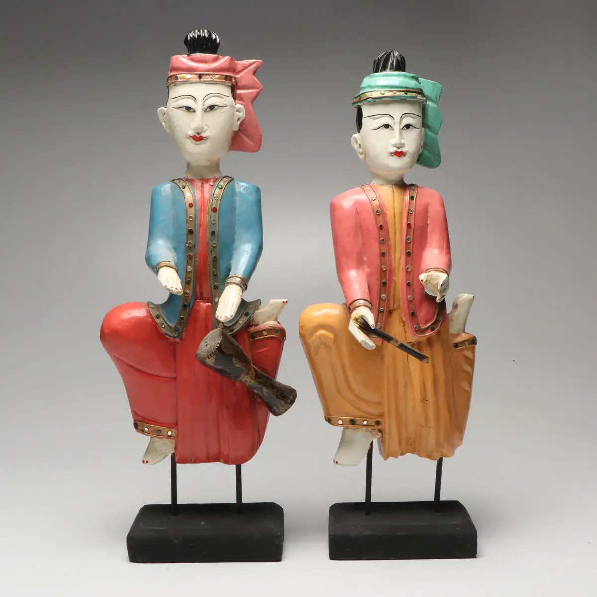Burmese Style Wooden Musician Figurines on Stands, Late 20th C.