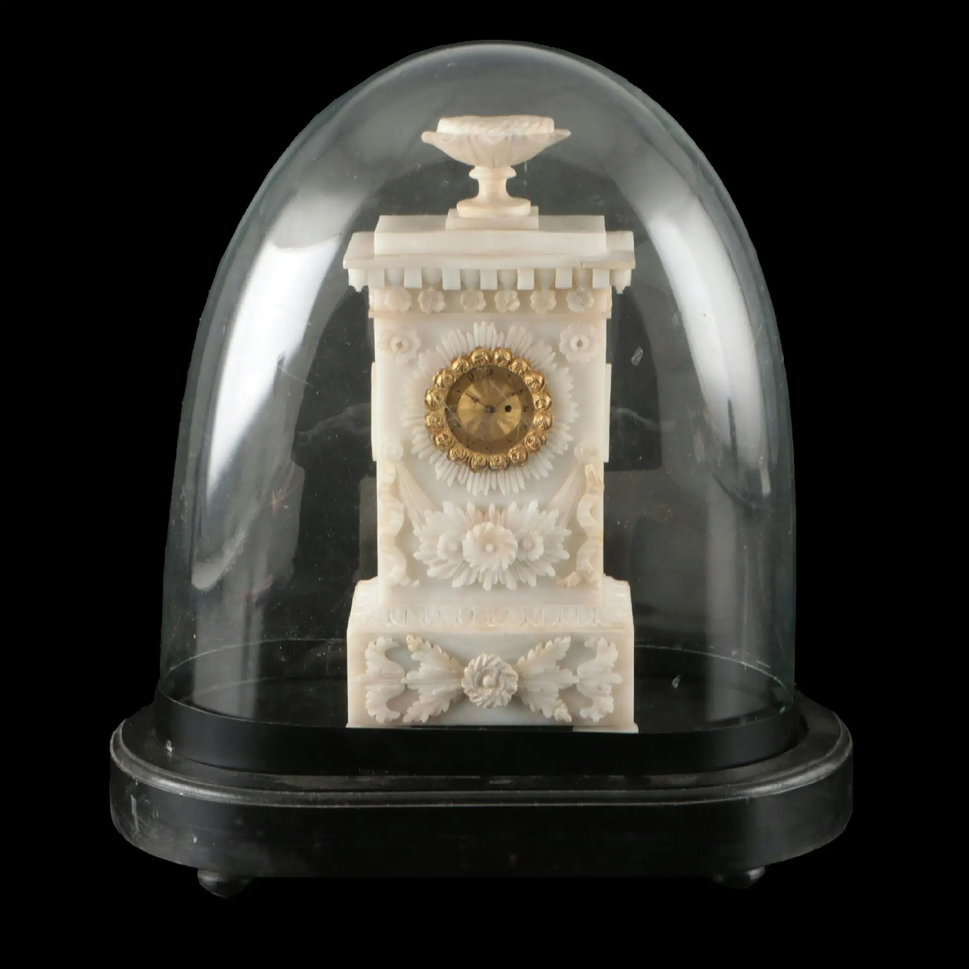 French Restoration Period Alabaster Portico Mantel Clock with Glass Cloche