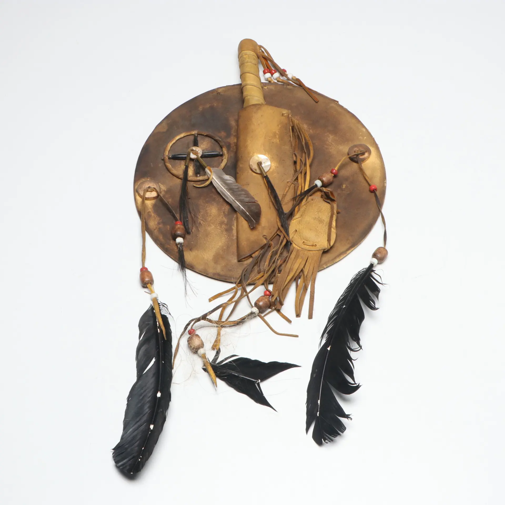 Native American Deer Hide Medicine Shield with Bone Dagger