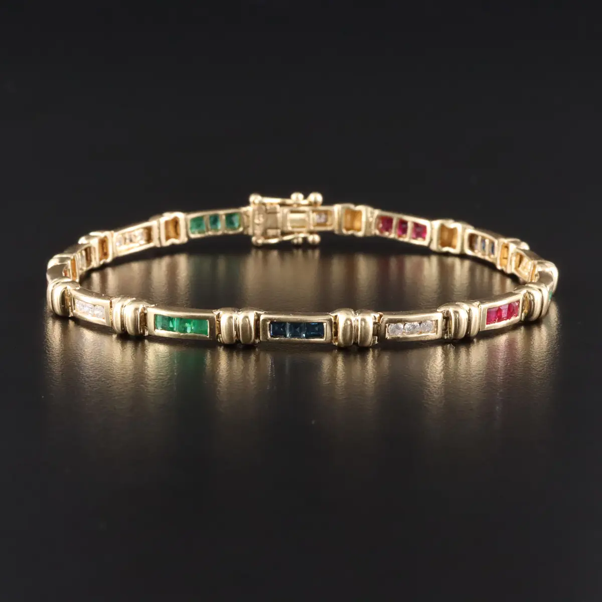 14K Sapphire, Ruby, Emerald, and Diamond Bracelet