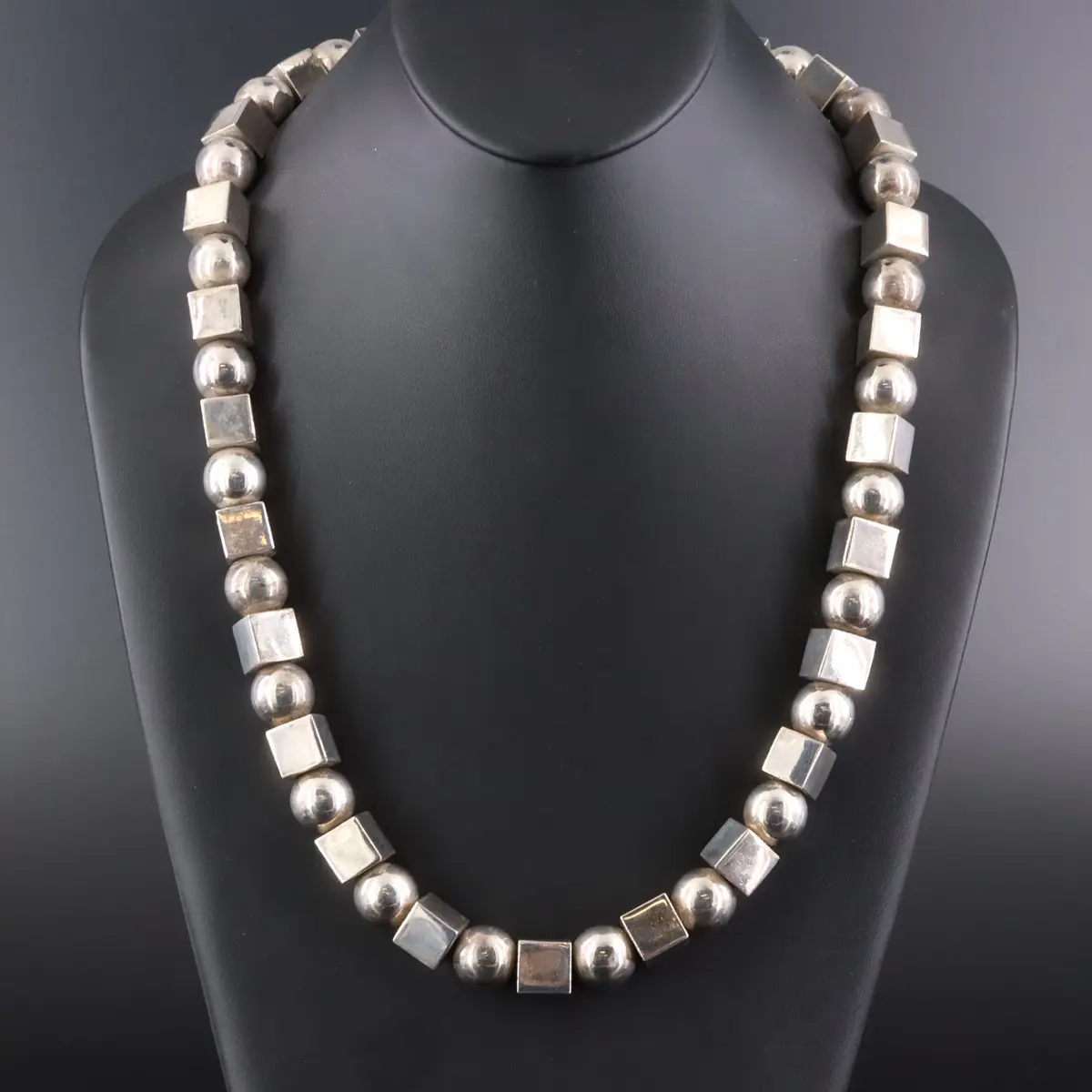 Vintage Mexican Sterling Square & Round Bead Necklace