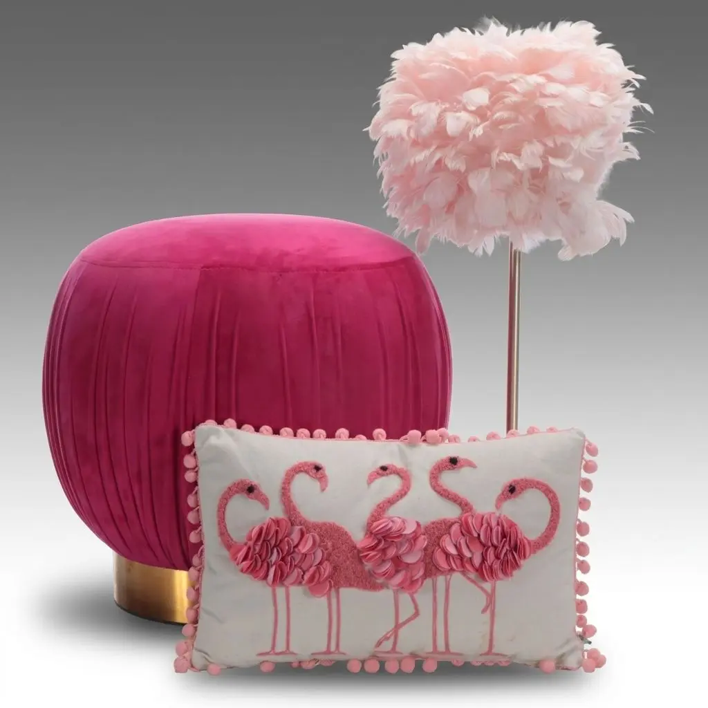 Feather Shade Lamp with DEI Flamingo Accent Pillow and Pink Pouf