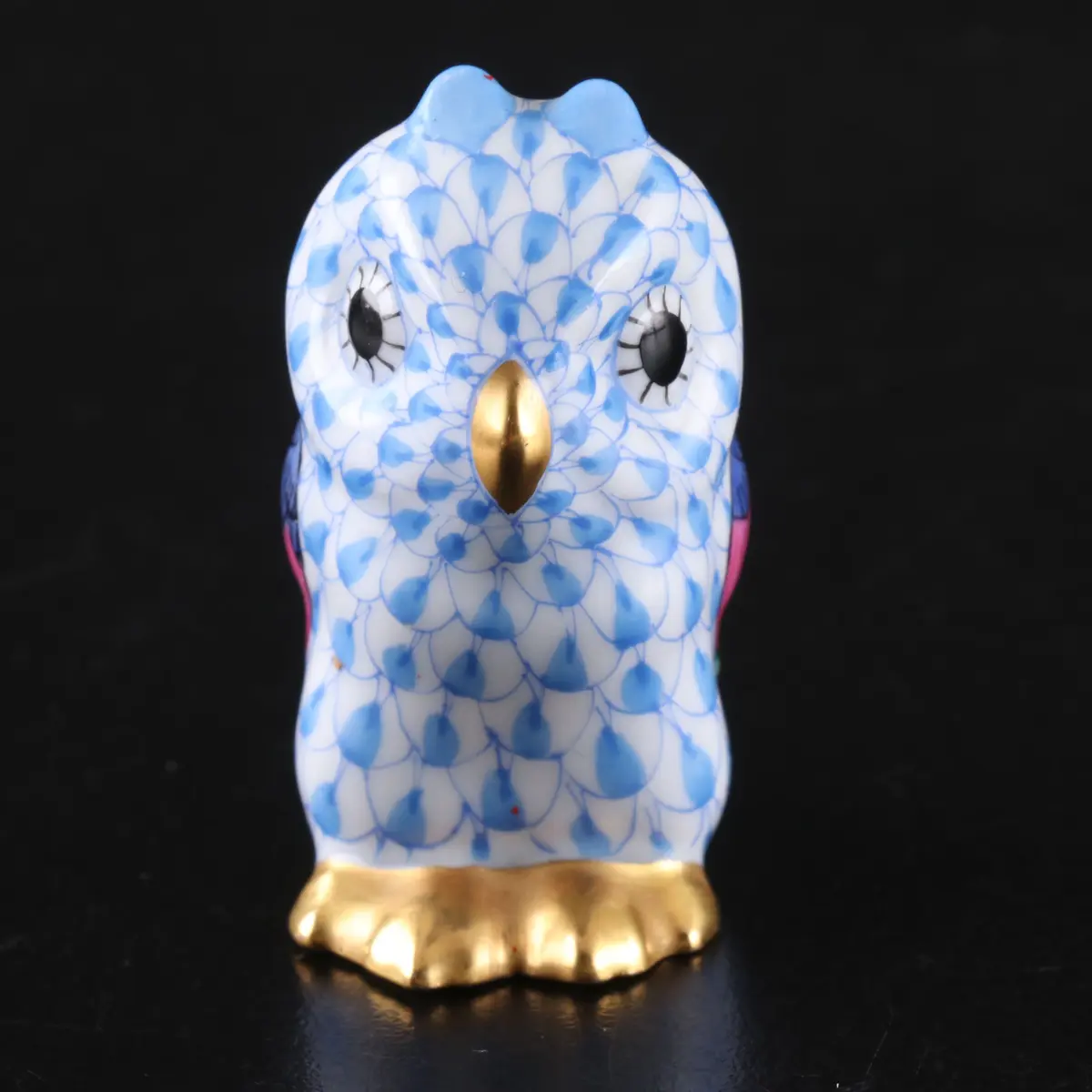 Herend Blue Fishnet with Gold "Baby Owl" Porcelain Figurine