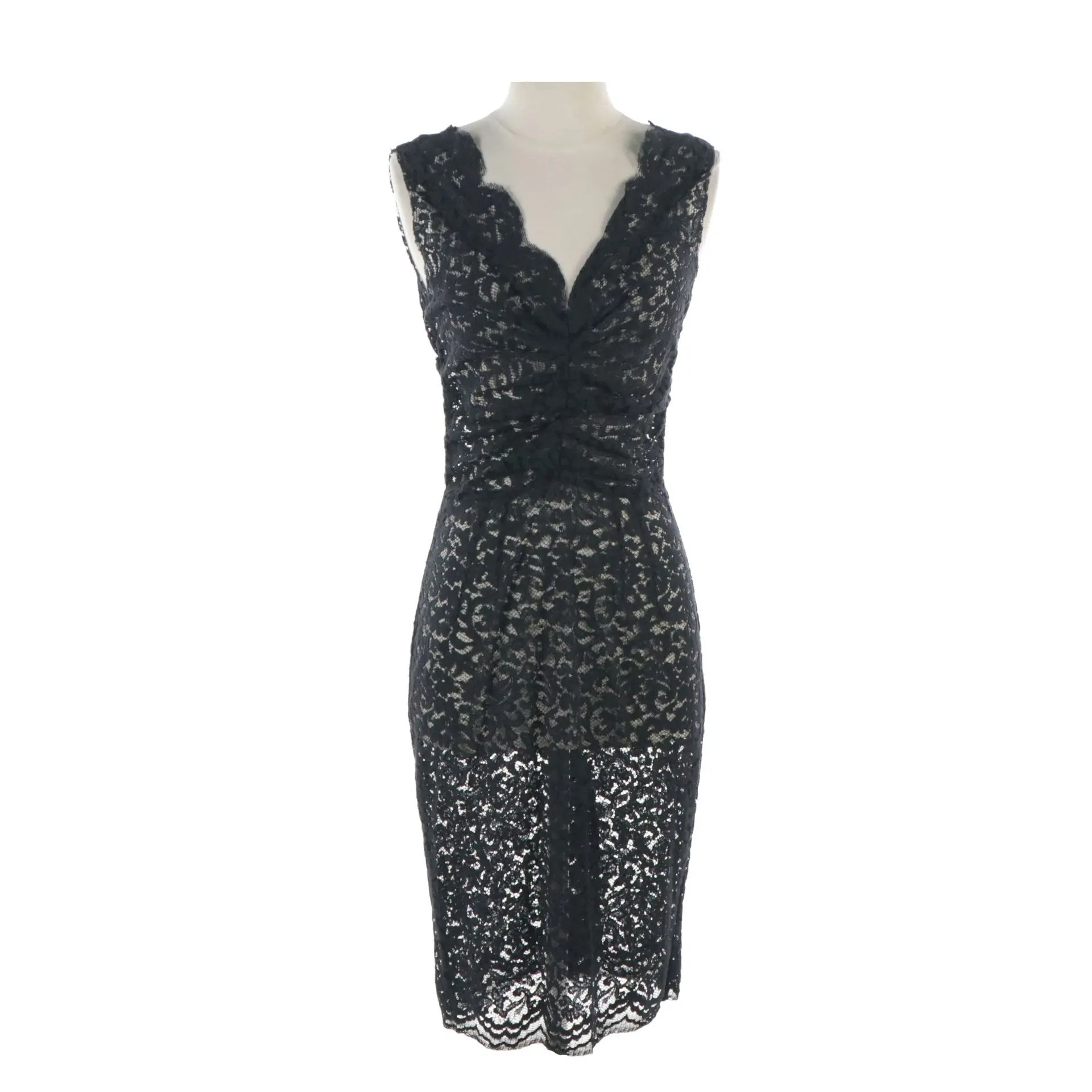 Dolce & Gabbana Sleeveless Ruched Front Dress in Navy and Black Sheer Lace