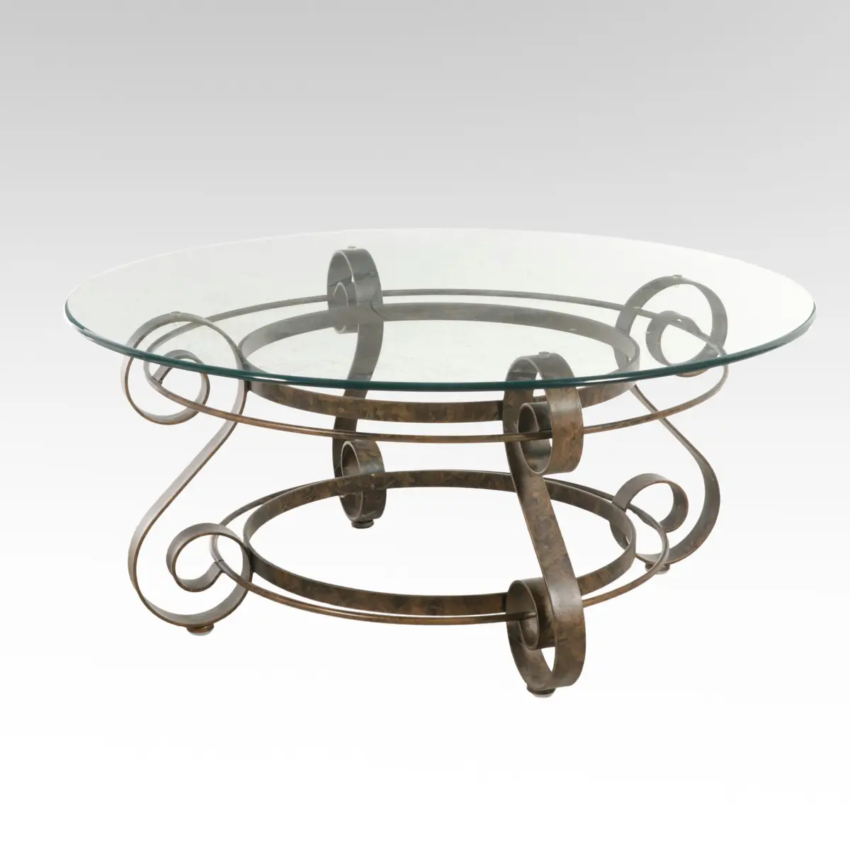 Round Glass Top Scrolled Metal Cocktail Table
