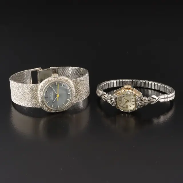 14K Bulova Accutron and Diamond Accented Gold Tone Waltham Stem Wind Watch