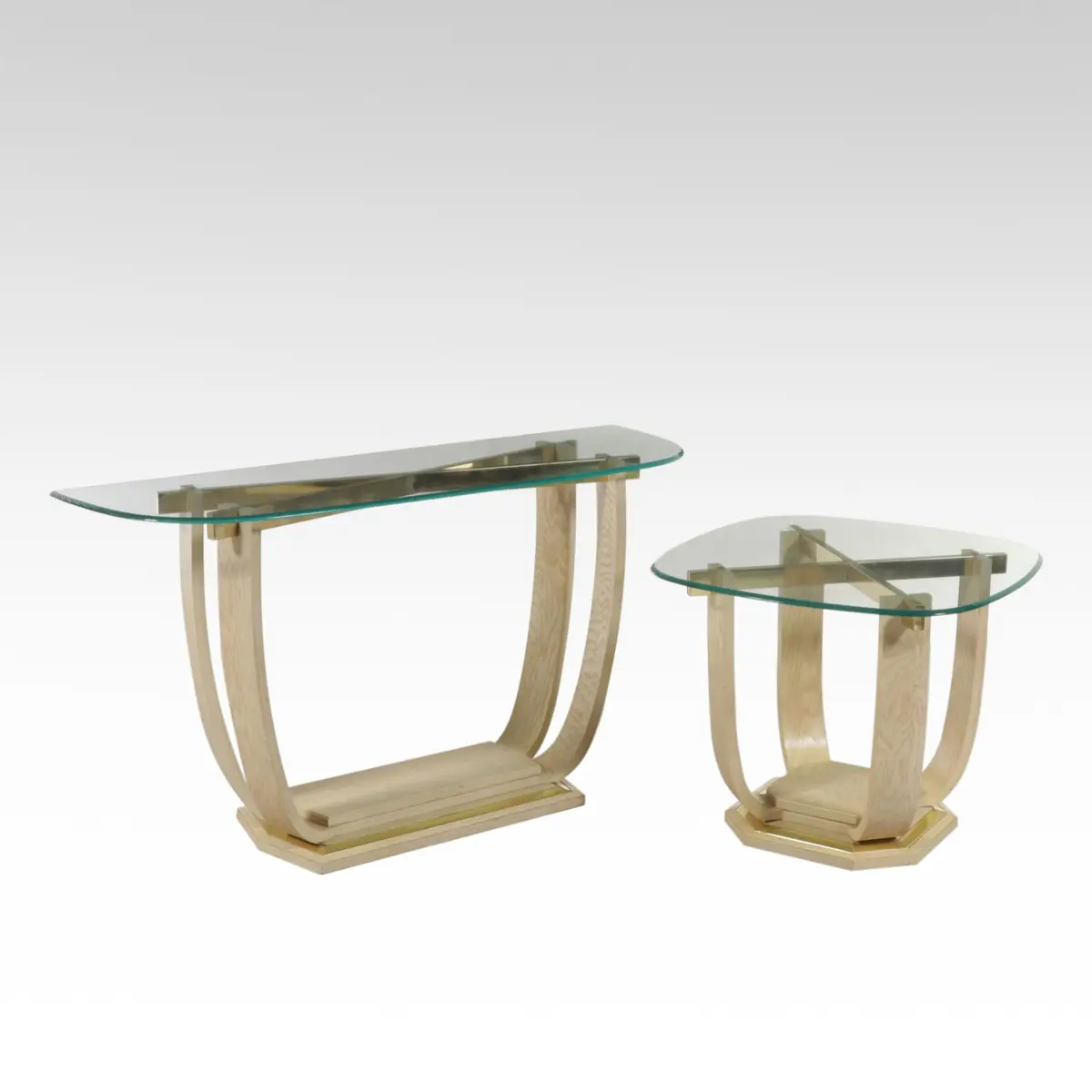 Postmodern Whitewashed Oak, Brass and Glass Console Table and End Table Set