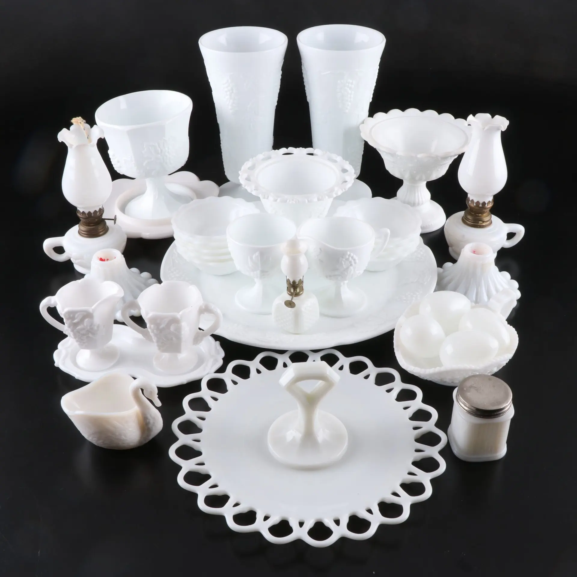 Grape Vine with Other Milk Glass Vases, Stemware, Oil Lamps and More Tableware
