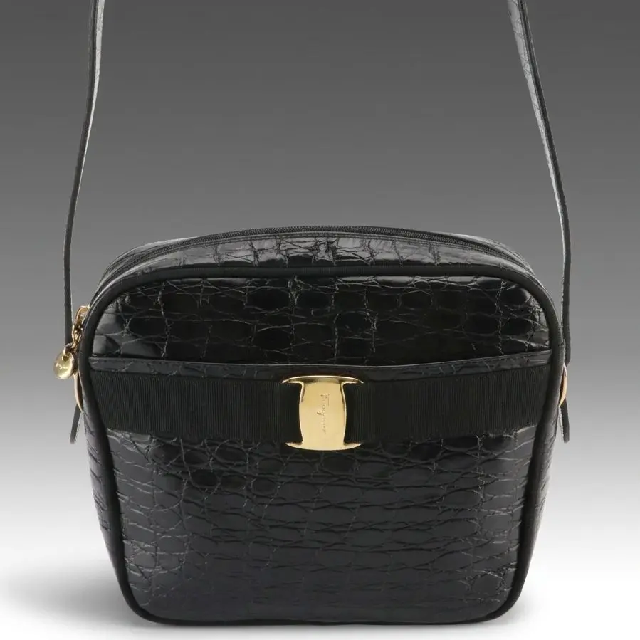 Salvatore Ferragamo Vara Buckle Camera Bag in Croc Embossed Leather, Vintage