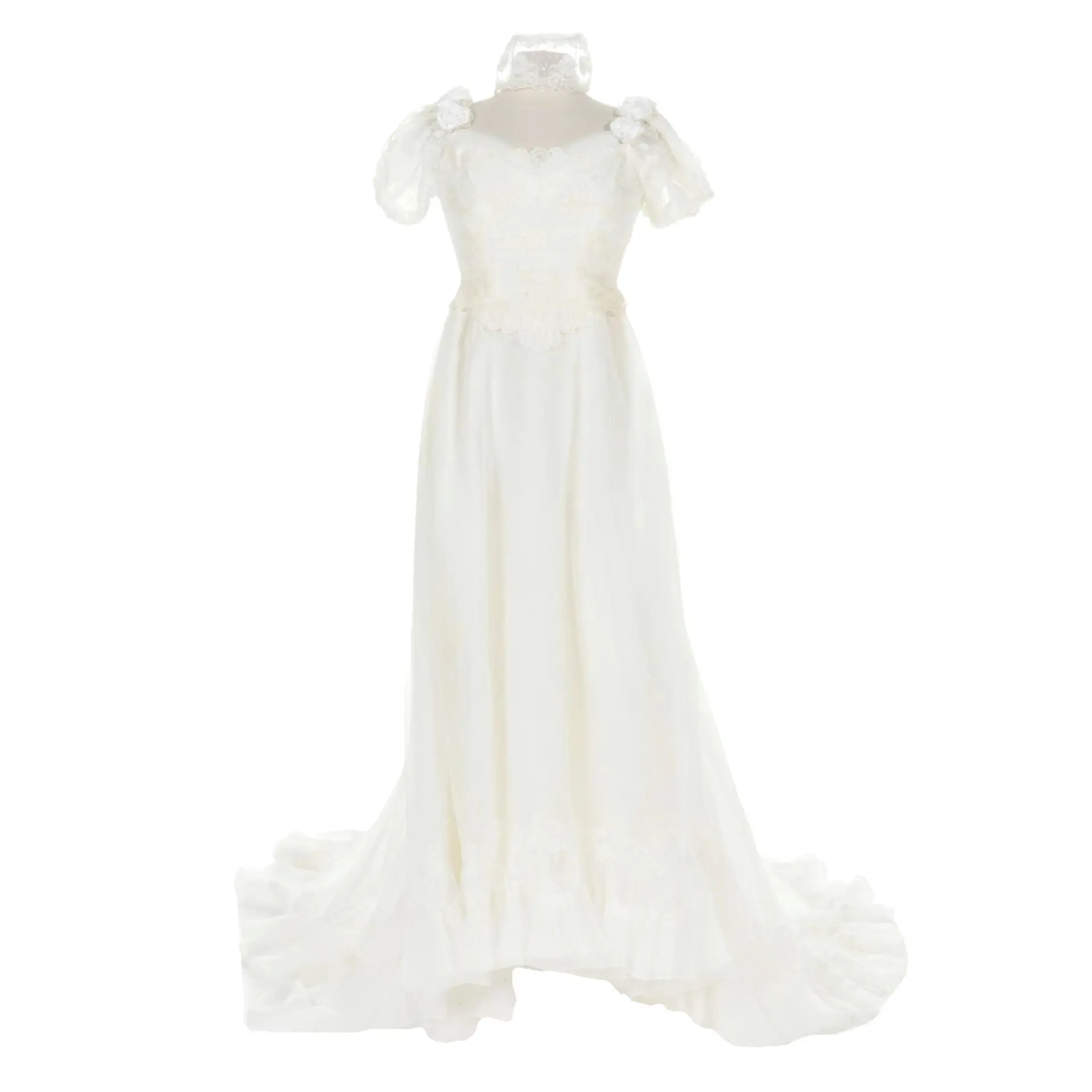 William Cahill of Beverly Hills Lace Appliqué Wedding Dress and Veil, 1950s