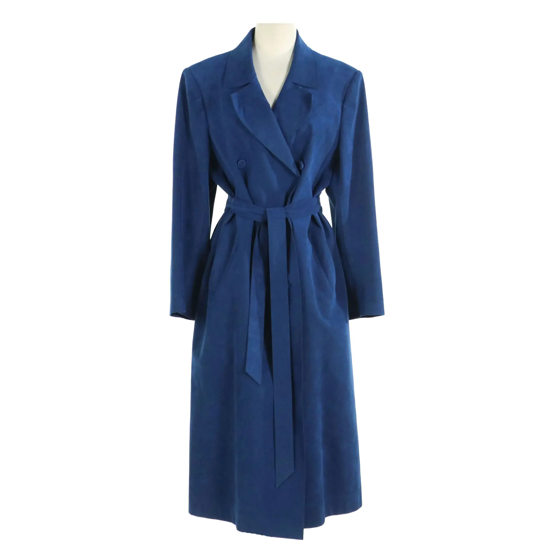Daniel Leong Double-Breasted Belted Coat in Blue Ultrasuede, Vintage