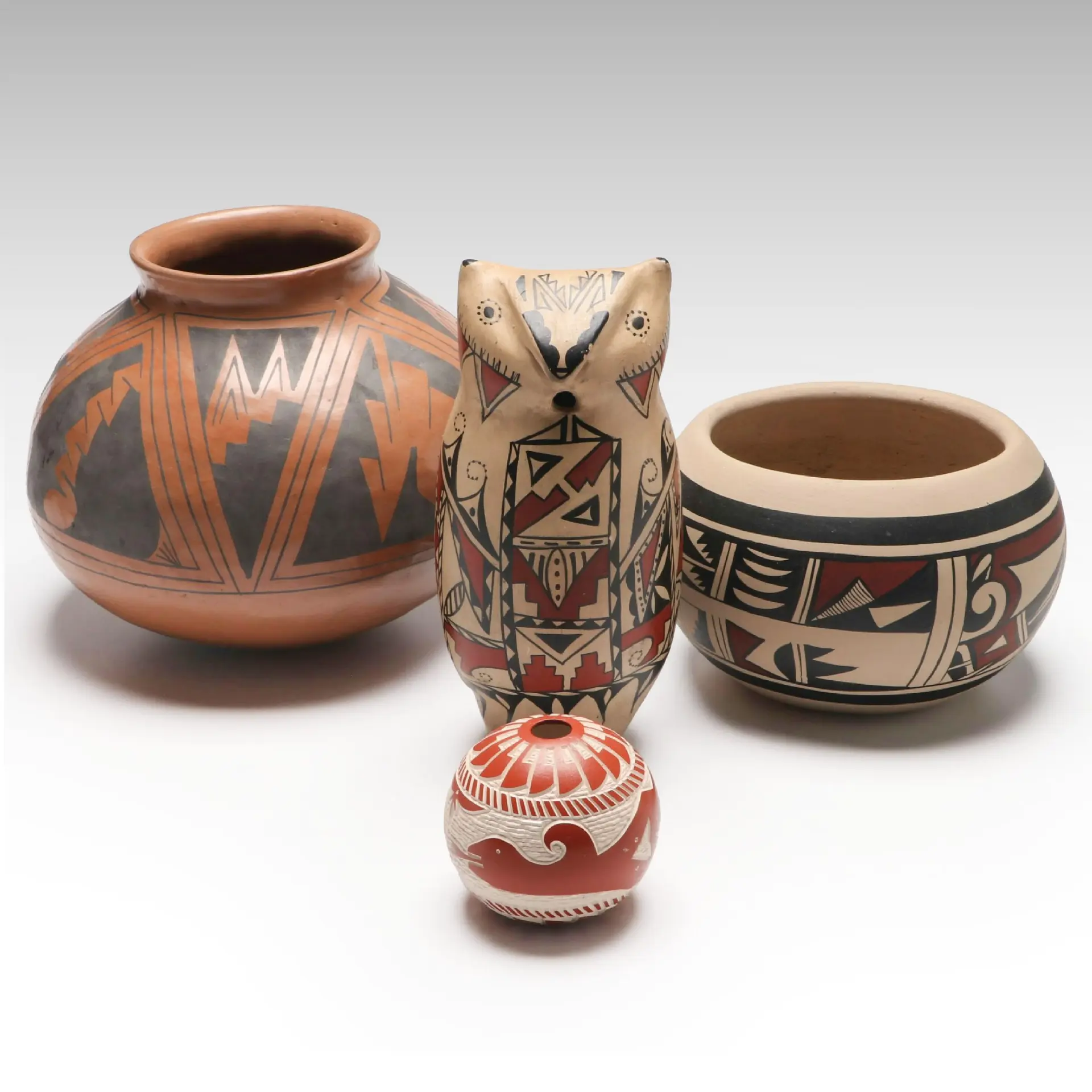 Southwestern Snake and Fan Sgraffito Seed Pot with Other Native American