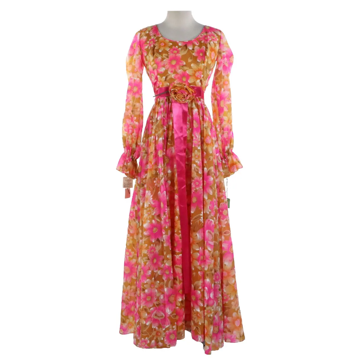 Jr. Theme Poet Sleeve Floral Print Gown with Waist Accent, Vintage 1960s