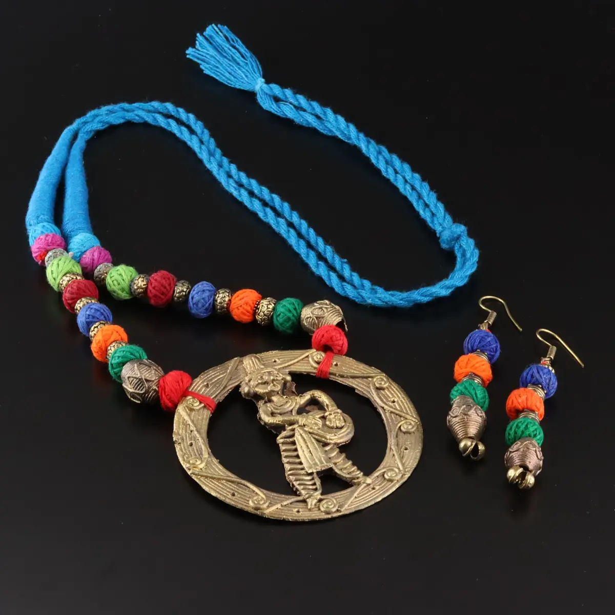Indian Brass Dhokra Style Figural Necklace & Earrings Set