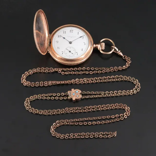 Elgin Ornate Embossed Gold-Filled Floral Pocket Watch with Fob