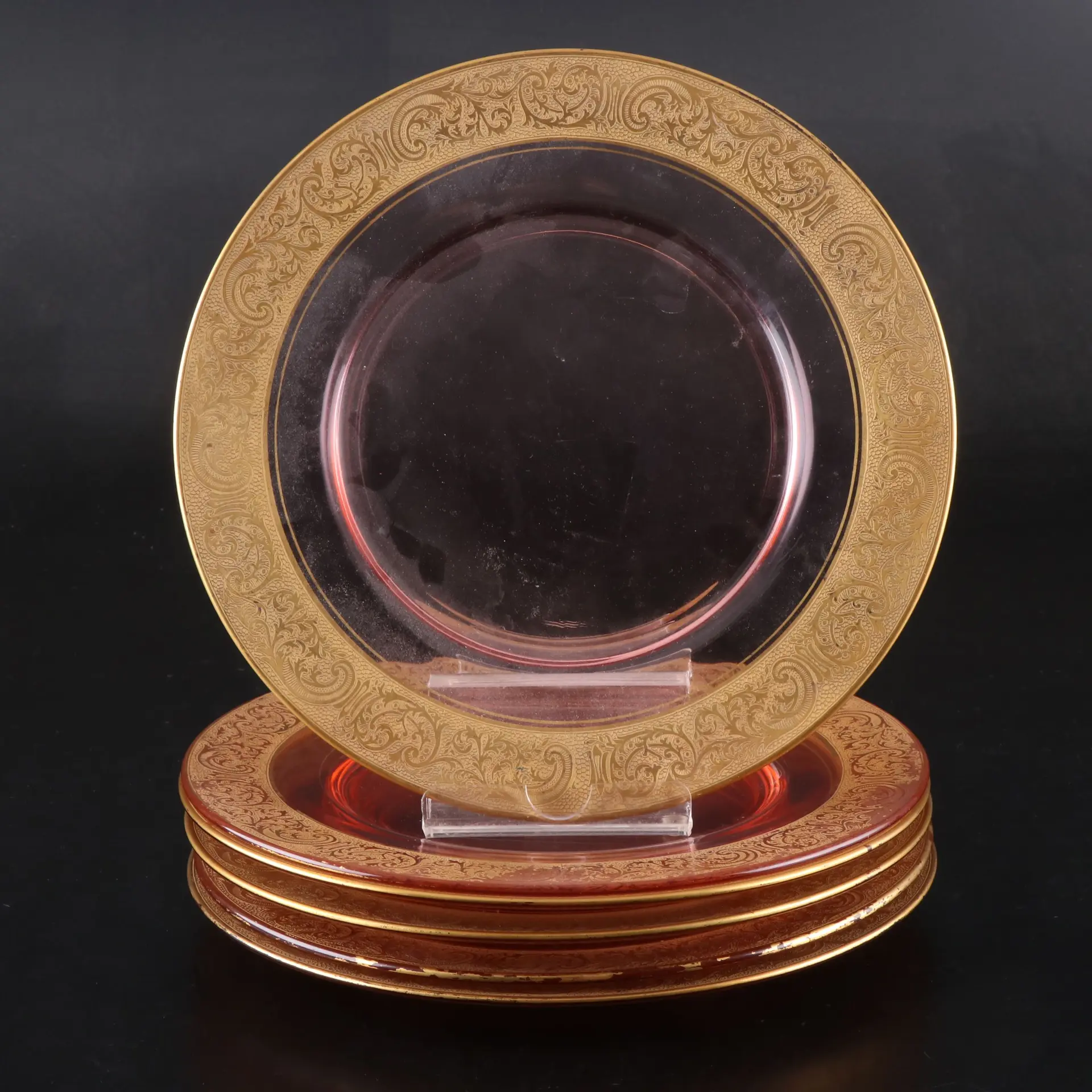 Cambridge "Florentine" Gilt Cranberry Glass Dinner Plates, 1920s–1930s