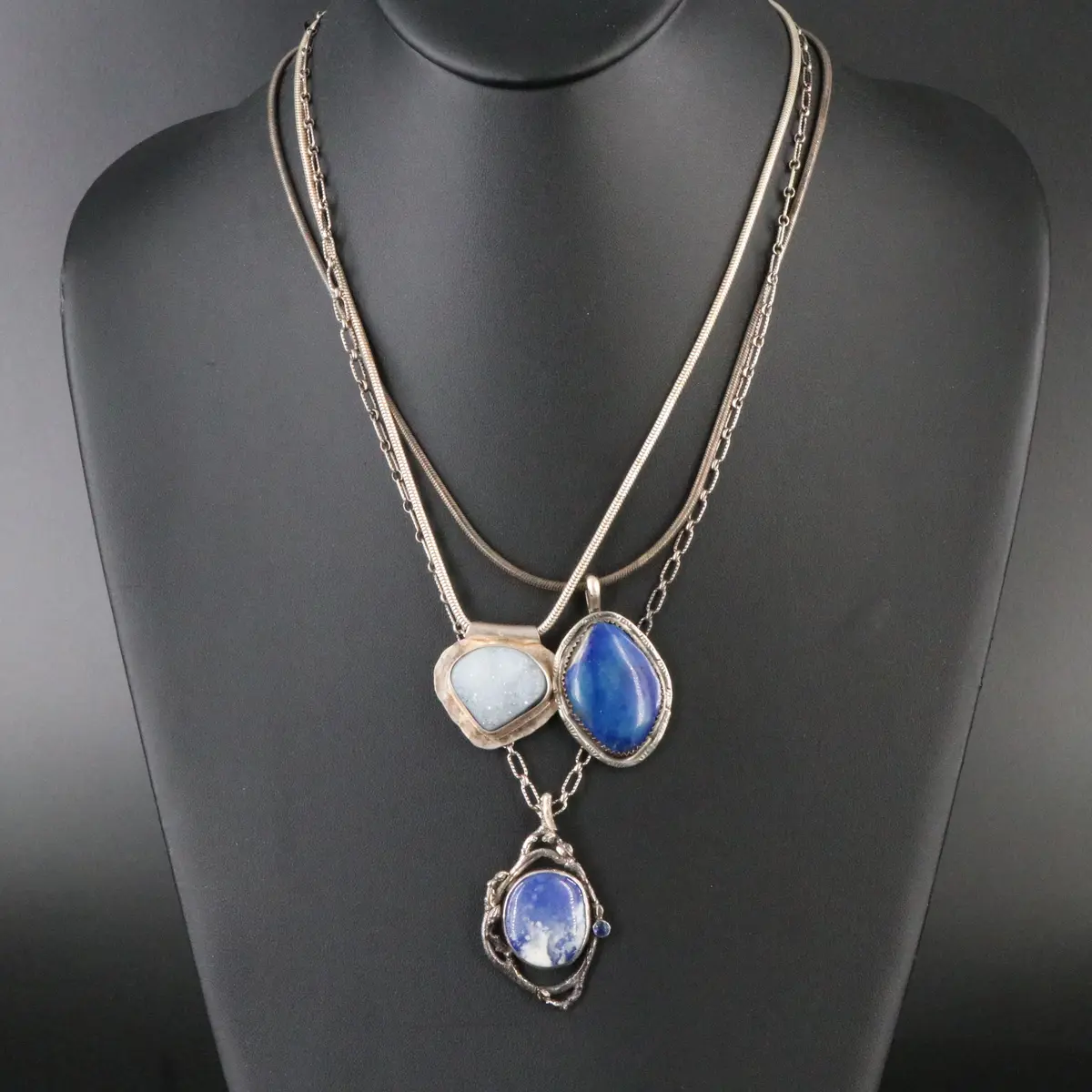 Sterling Druzy, Sodalite Pendant Necklaces Featuring George Kee Navajo Diné