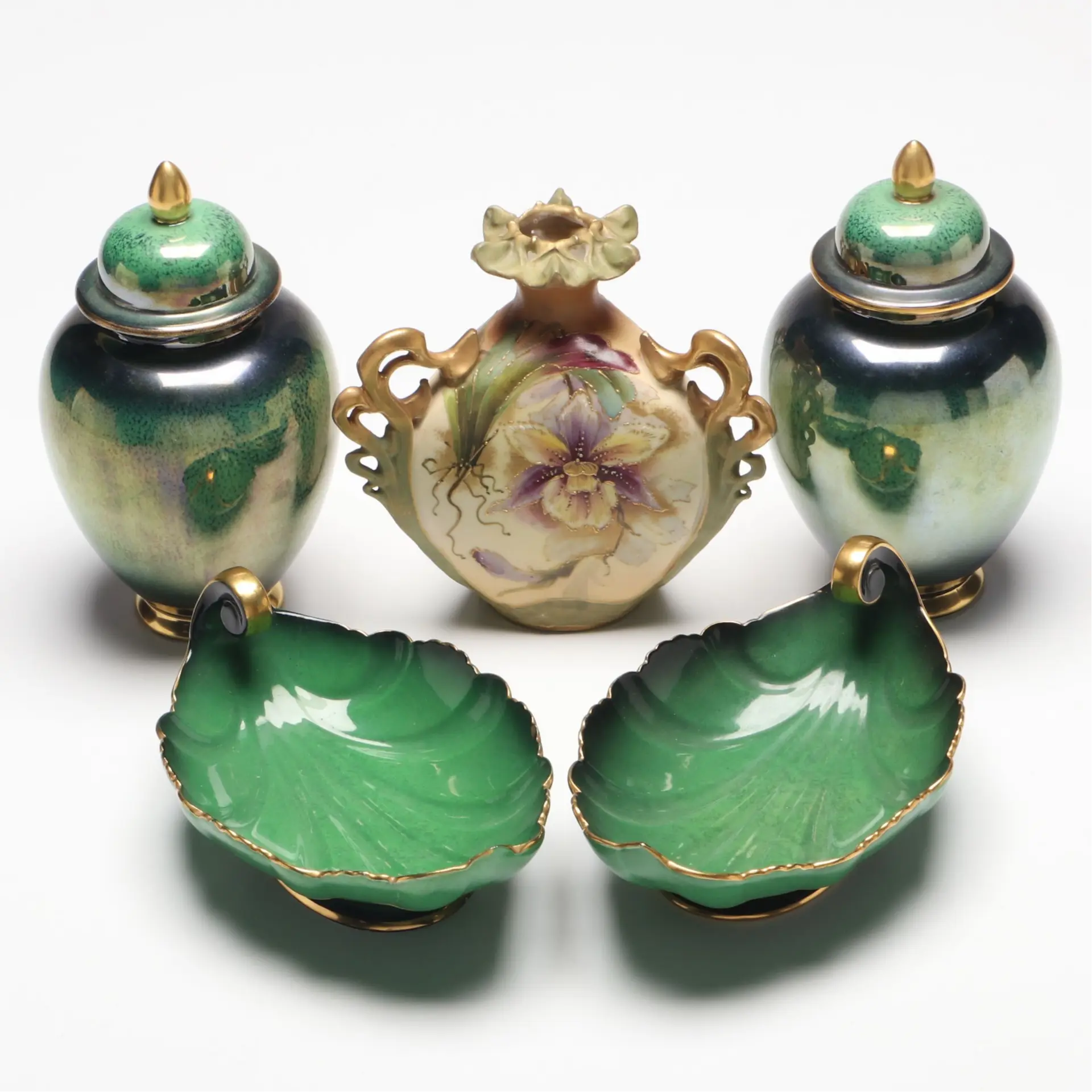 Carlton Ware "Vert Royale" Leaf Dishes and Jars with Austrian Art Nouveau Vase