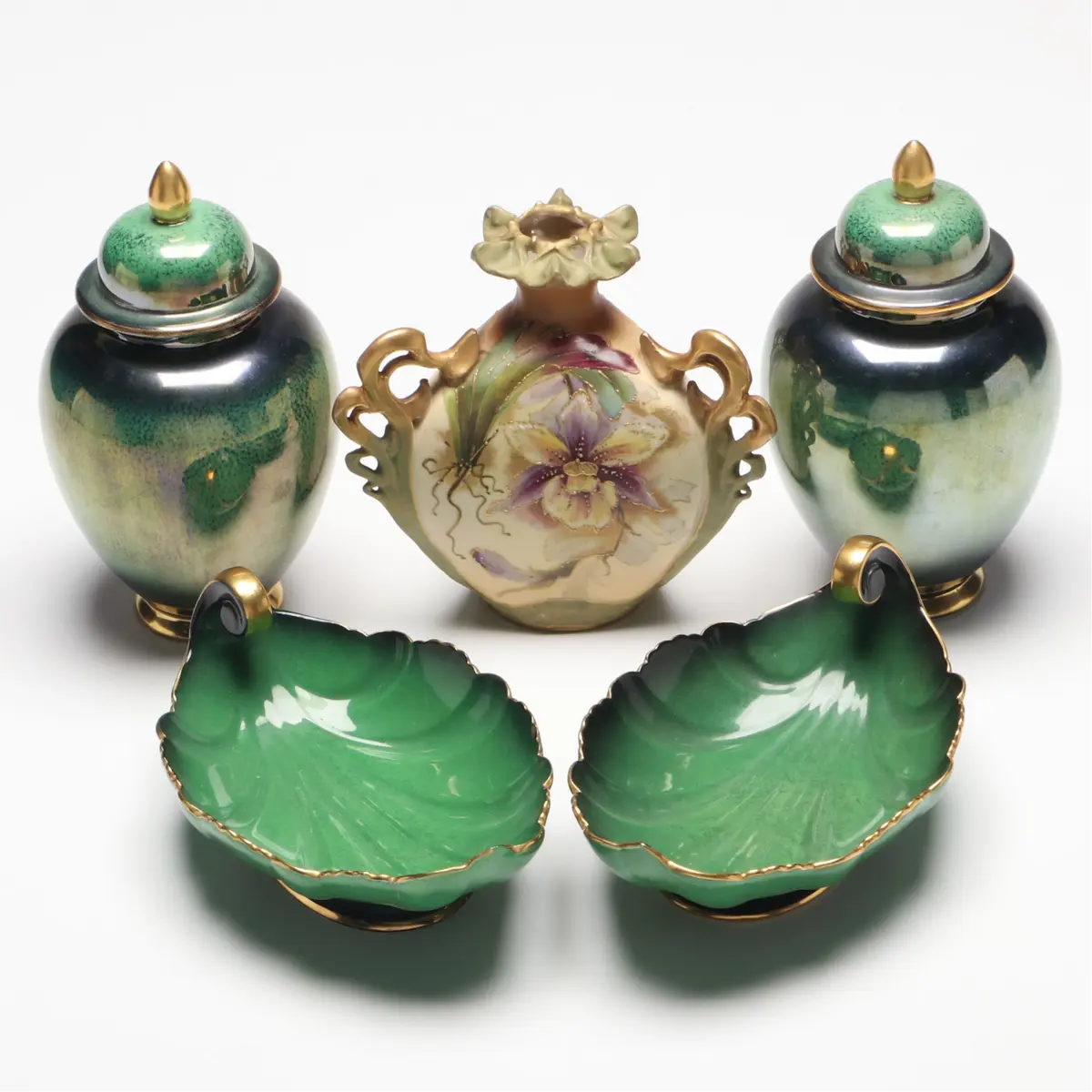 Carlton Ware "Vert Royale" Leaf Dishes and Jars with Austrian Art Nouveau Vase