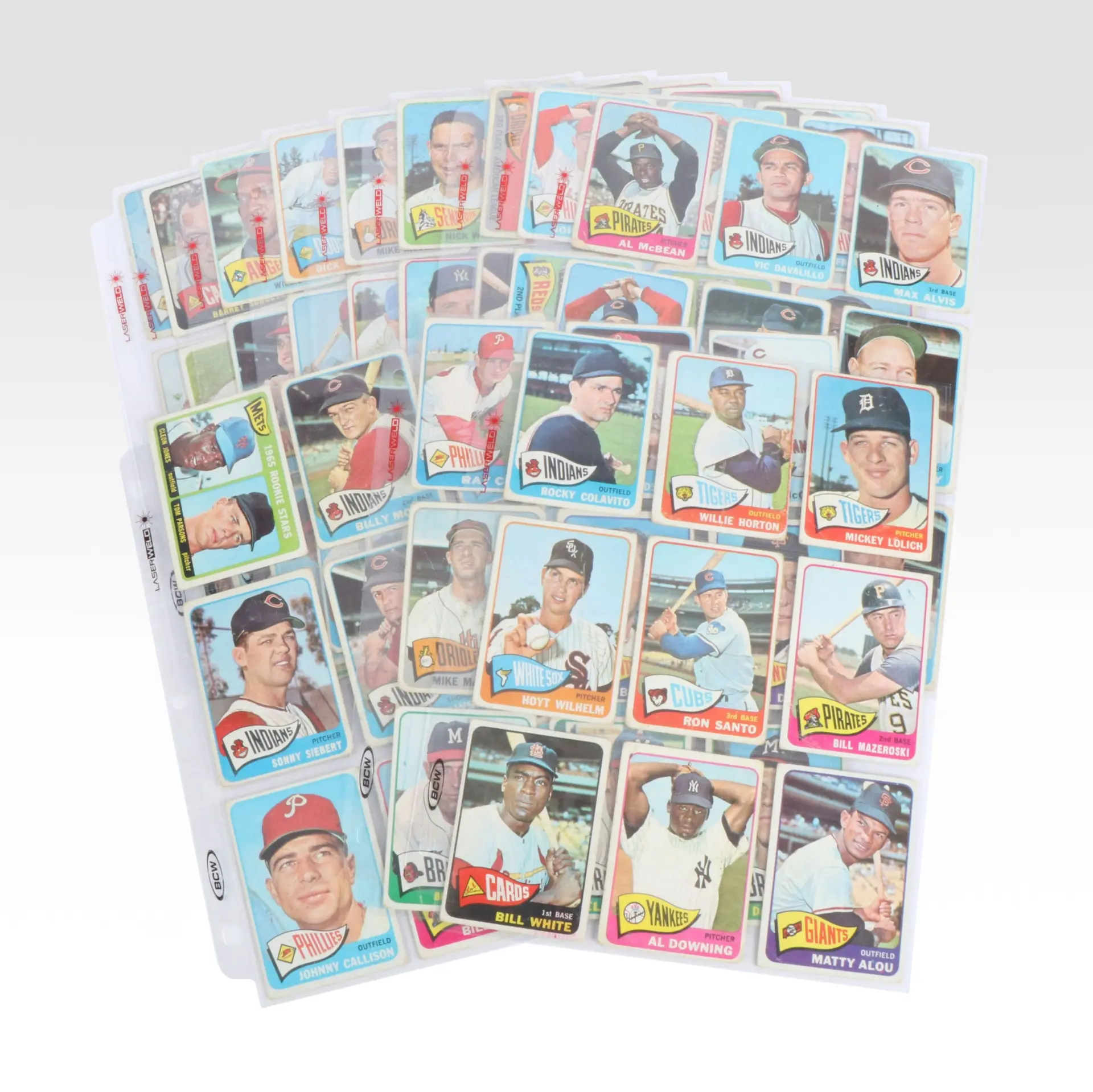 1965 Topps Baseball Cards with Bill Mazeroski, Ron Santo, and Hoyt Wilhelm