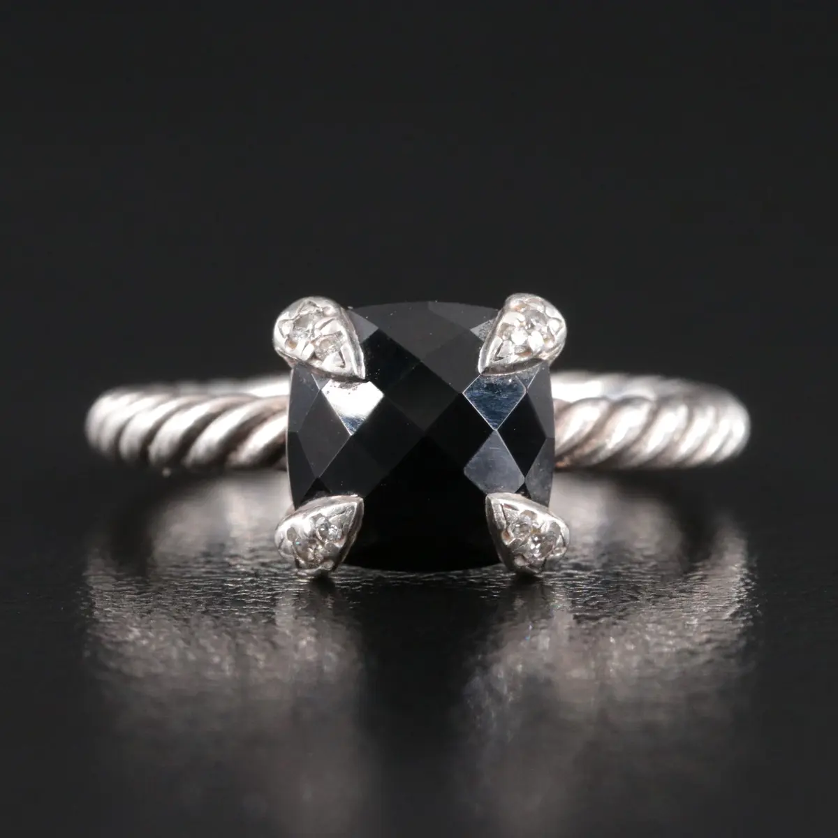 David Yurman Chatelaine Sterling Black Onyx and Diamond Ring