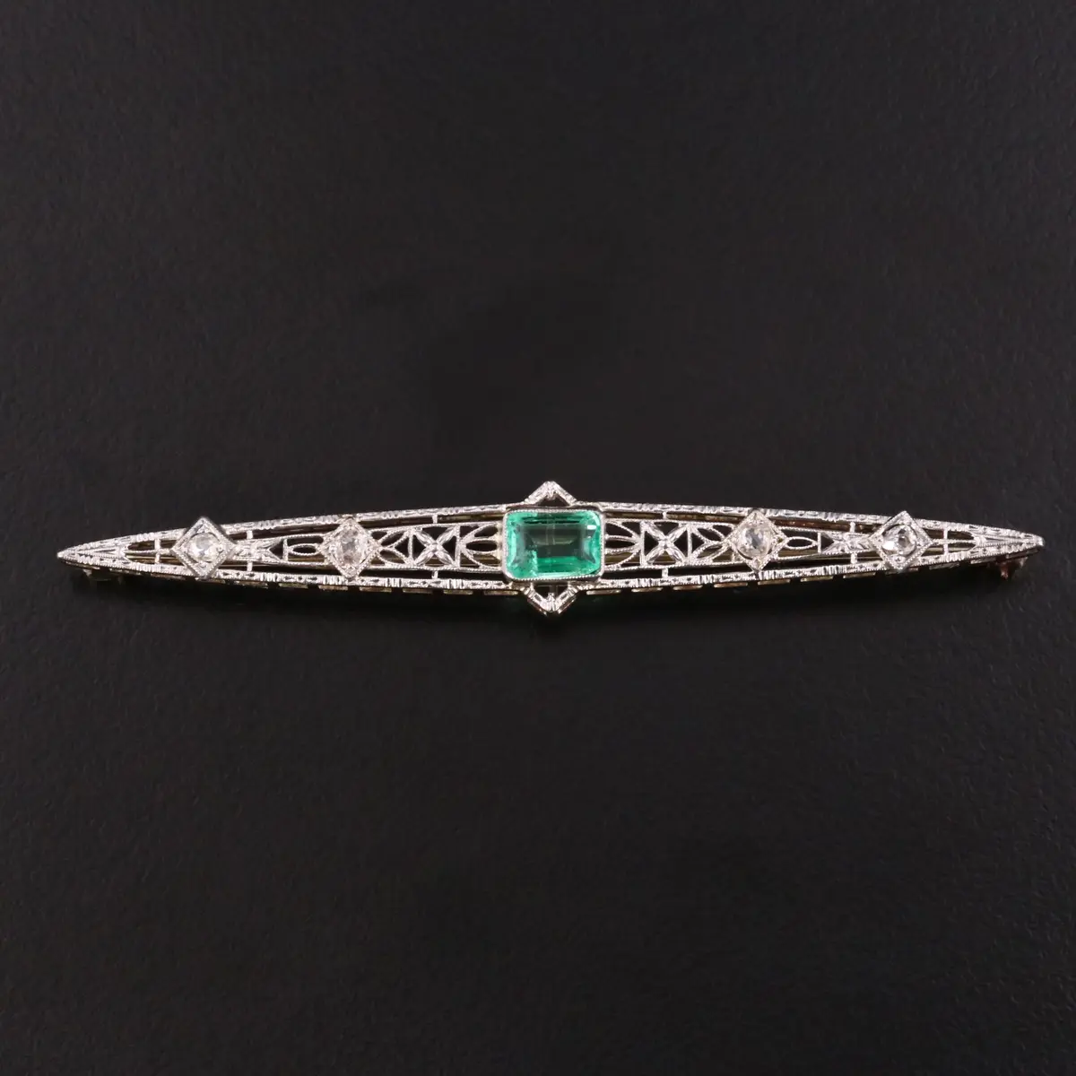Art Deco 14K and Platinum Emerald and Diamond Openwork Bar Brooch