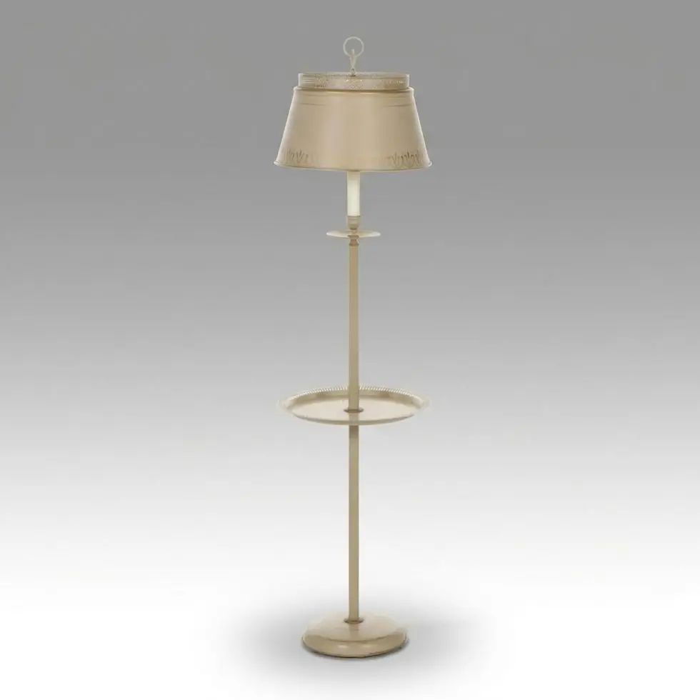 Colonial Revival Style Beige Floor Lamp Table with Tole Shade