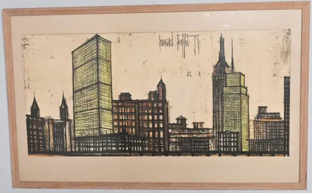 Bernard Buffet, New York skyline, signerad och daterad -58 i tryck