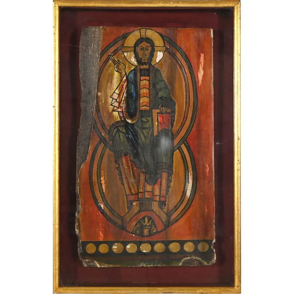 ICON depicting Christ giving a blessing in a glass-covered frame.