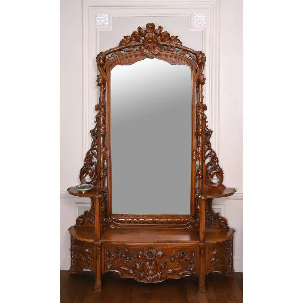 SPECTACULAR ART NOUVEAU JARDINER FURNITURE in solid carved walnut